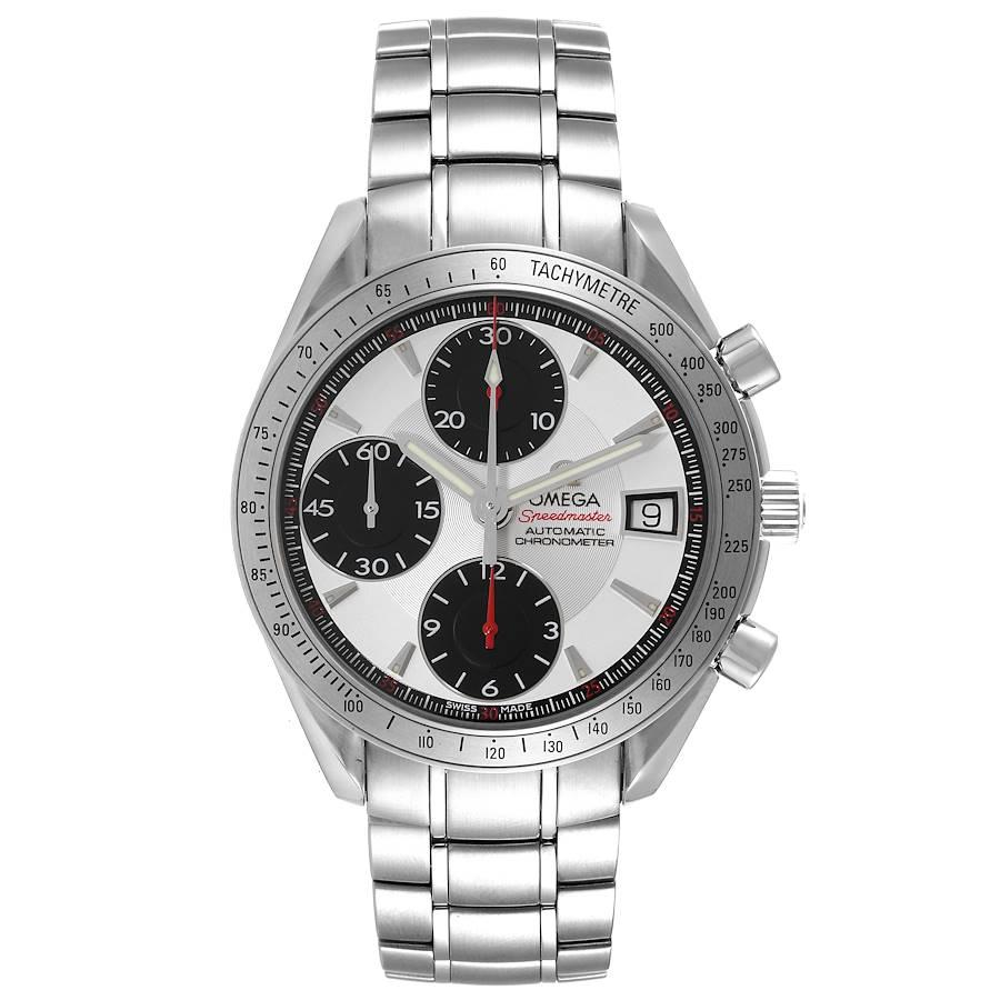 Omega Speedmaster Day Date Panda Dial Steel Mens Watch 3211.31.00 Box Card. Automatic self-winding chronograph movement. Stainless steel round case 40.0 mm in diameter. Stainless steel bezel with tachymetric scale. Scratch-resistant sapphire crystal