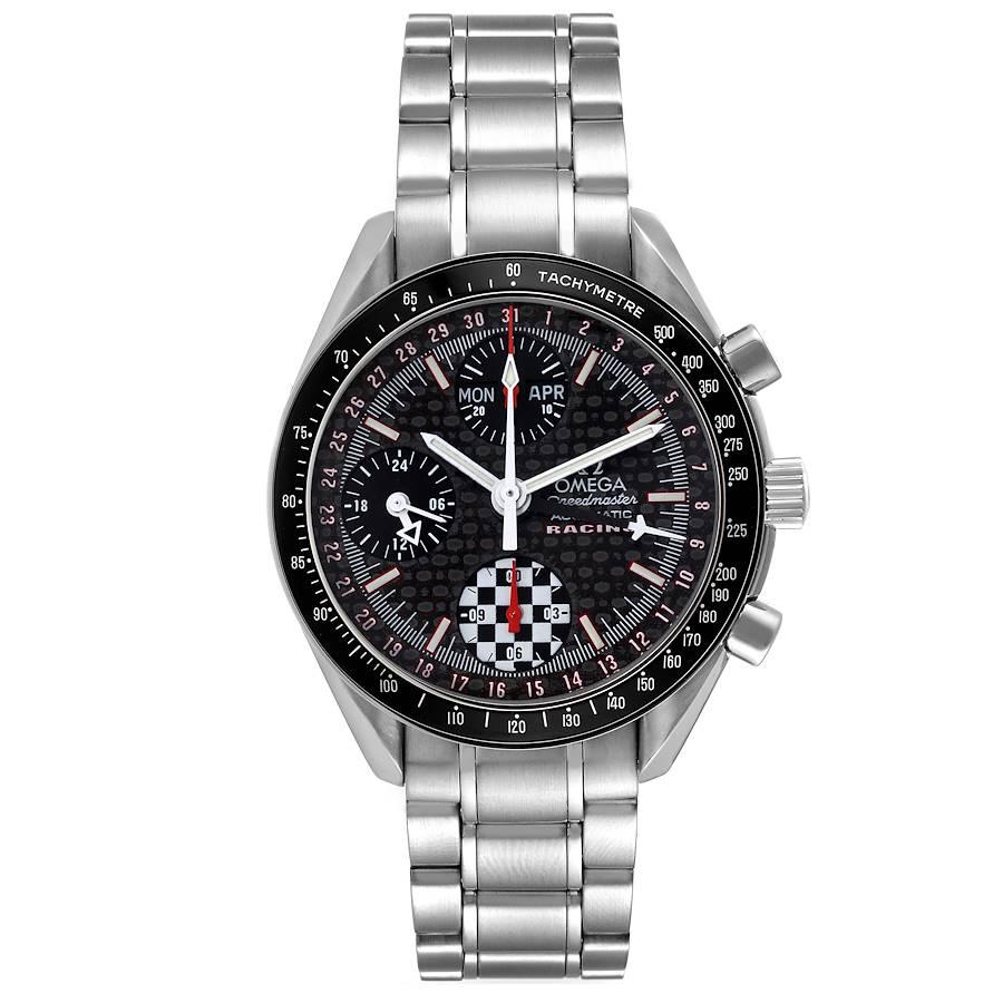 Omega Speedmaster Day Date Schumacher LE Steel Mens Watch 3529.50.00 Box Card. Automatic self-winding chronograph movement. Stainless steel round case 39.0 mm in diameter. Case back engraved with Michael Schumacher's signature and inscription 'World