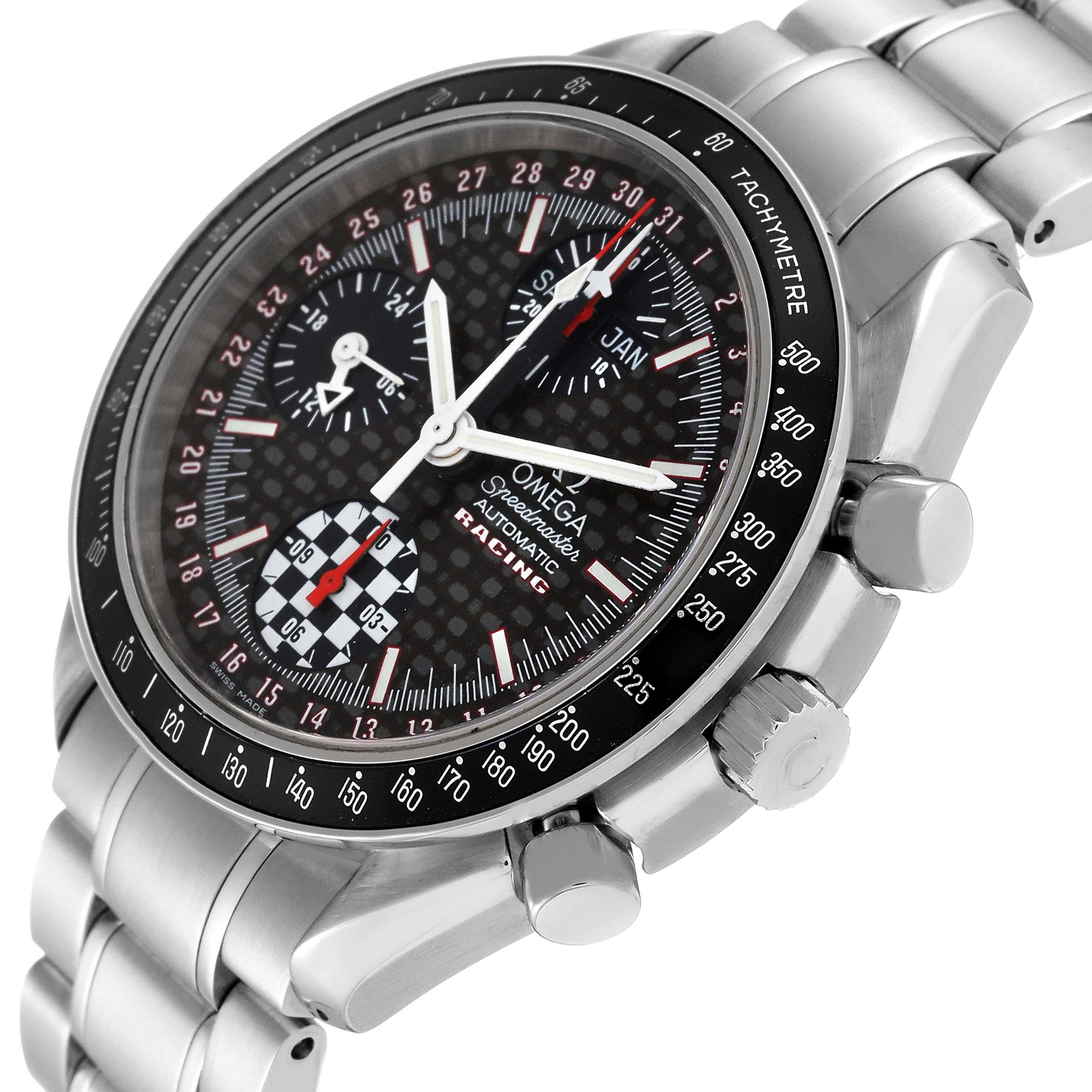 Omega Speedmaster Day Date Schumacher Limited Edition Steel Mens Watch 3529.50.00 Box Card. Automatic self-winding chronograph movement. Stainless steel round case 39.0 mm in diameter. Caseback engraved with Michael Schumacher's signature and