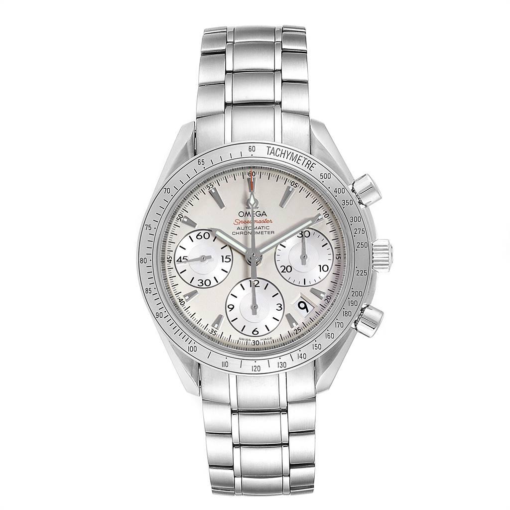 Omega Speedmaster Day Date Steel Mens Watch 323.10.40.40.02.001. Automatic self-winding chronograph movement. Officially certified chronometer. Day, date and month indications. Stainless steel round case 40.0 mm in diameter. Stainless steel bezel