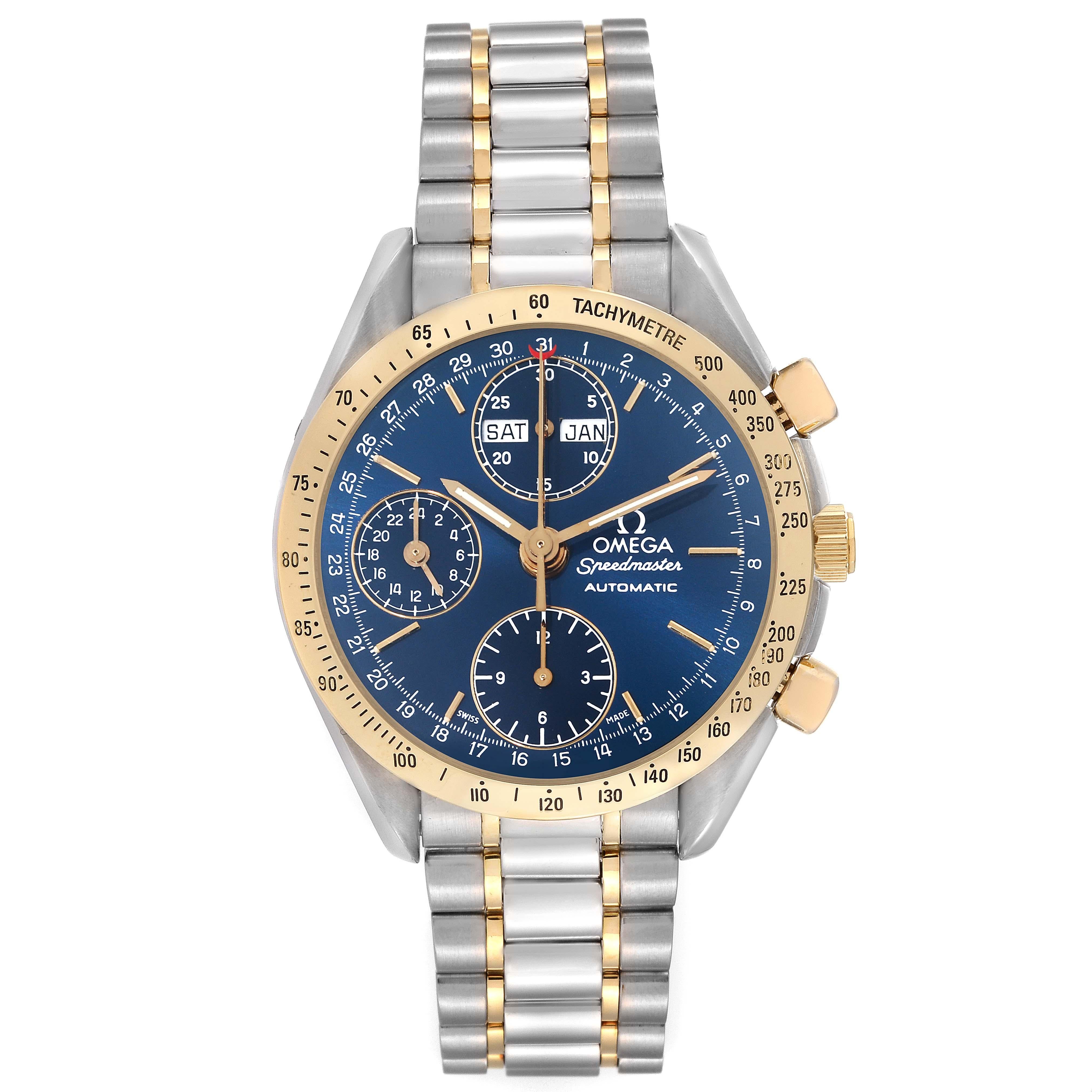 Omega Speedmaster Day Date Steel Yellow Gold Mens Watch 3321.80.00. Automatic self-winding chronograph movement. Stainless steel and 18K yellow gold round case 39.0 mm in diameter. 18K yellow gold bezel with tachymetric scale. Scratch-resistant