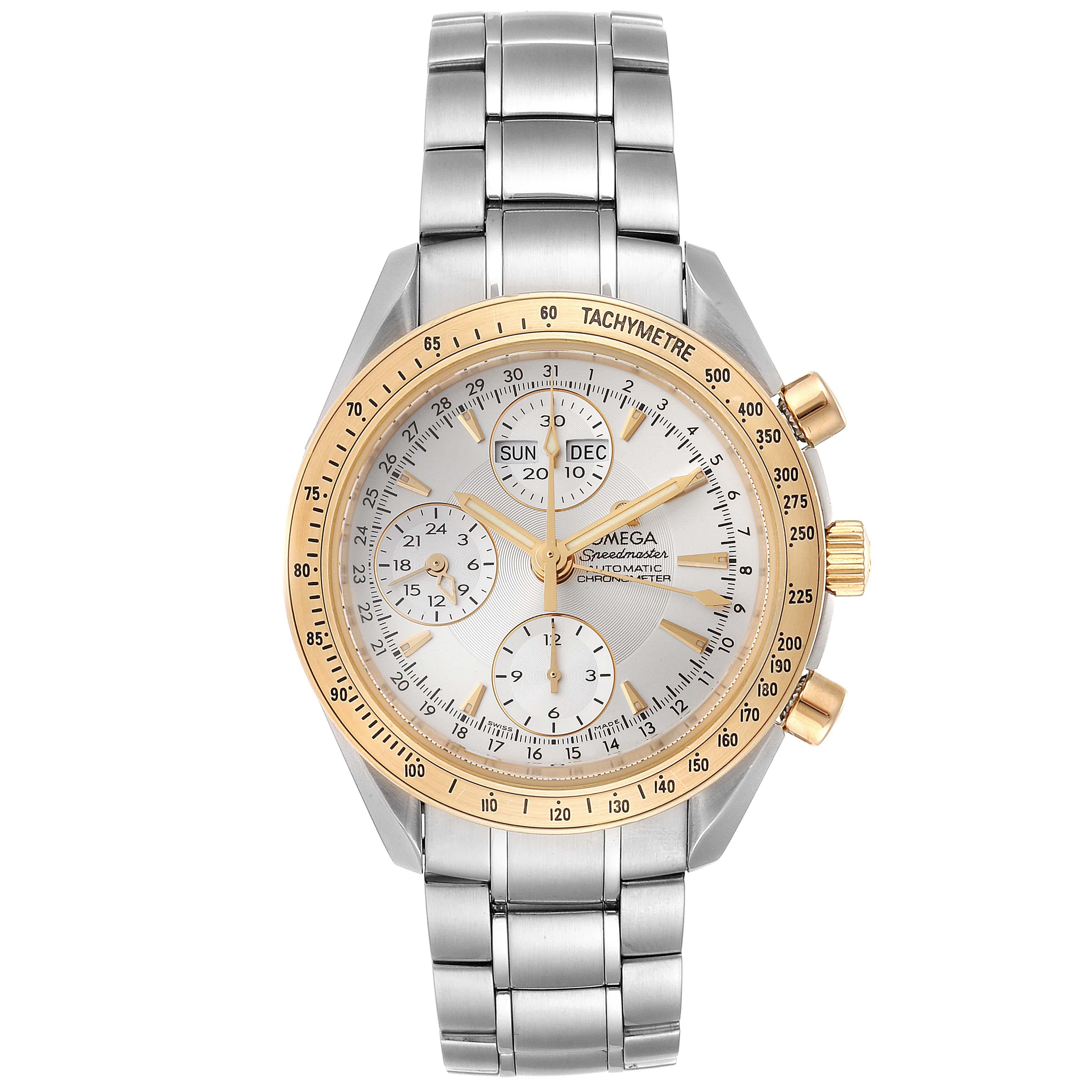 Omega Speedmaster Day Date Steel Yellow Gold Watch 323.21.40.44.02.001. Automatic self-winding chronograph movement. Caliber 3606. Stainless steel and 18K yellow gold round case 40mm in diameter. 18K yellow gold bezel with tachymetre function.