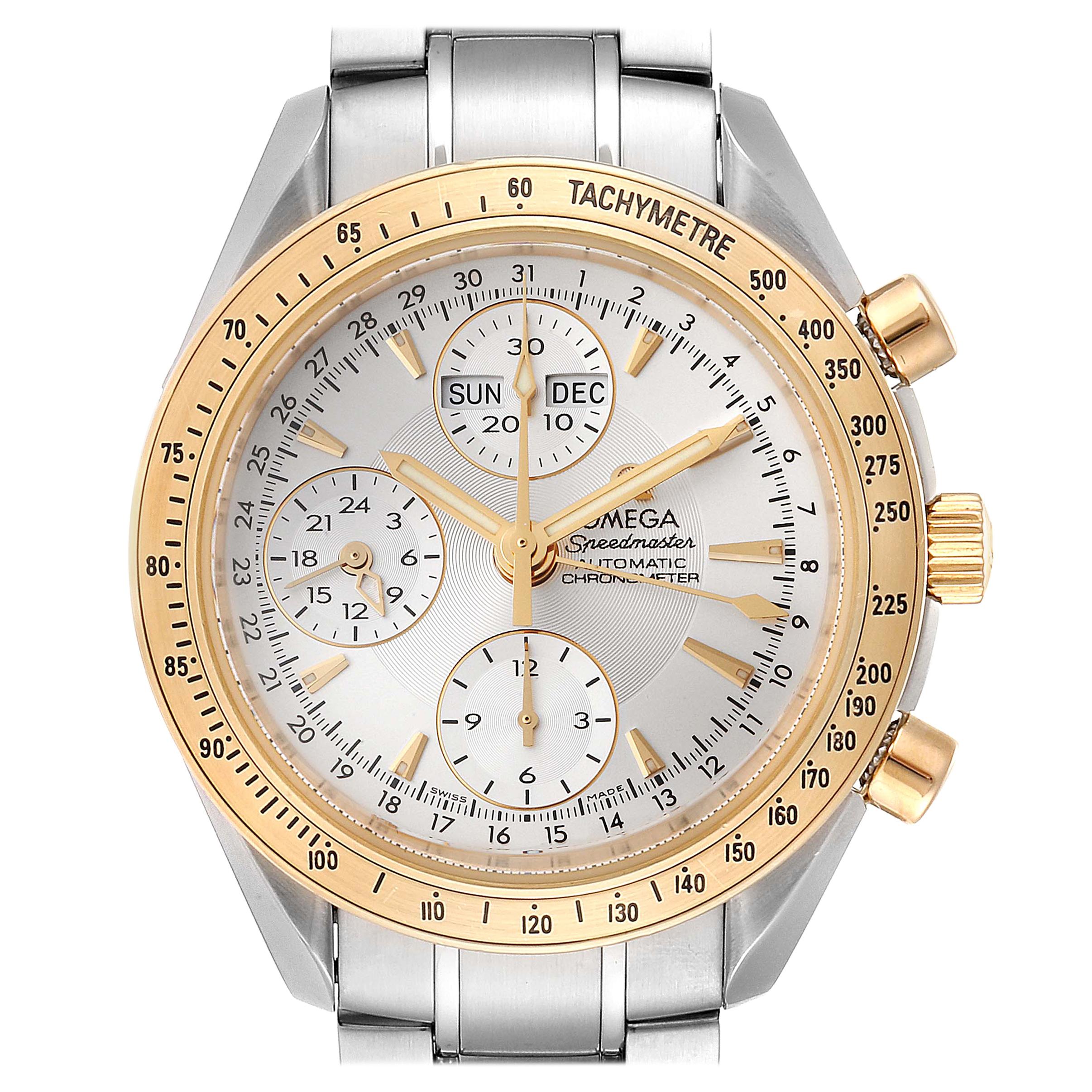 Omega Speedmaster Day Date Steel Yellow Gold Watch 323.21.40.44.02.001 For Sale