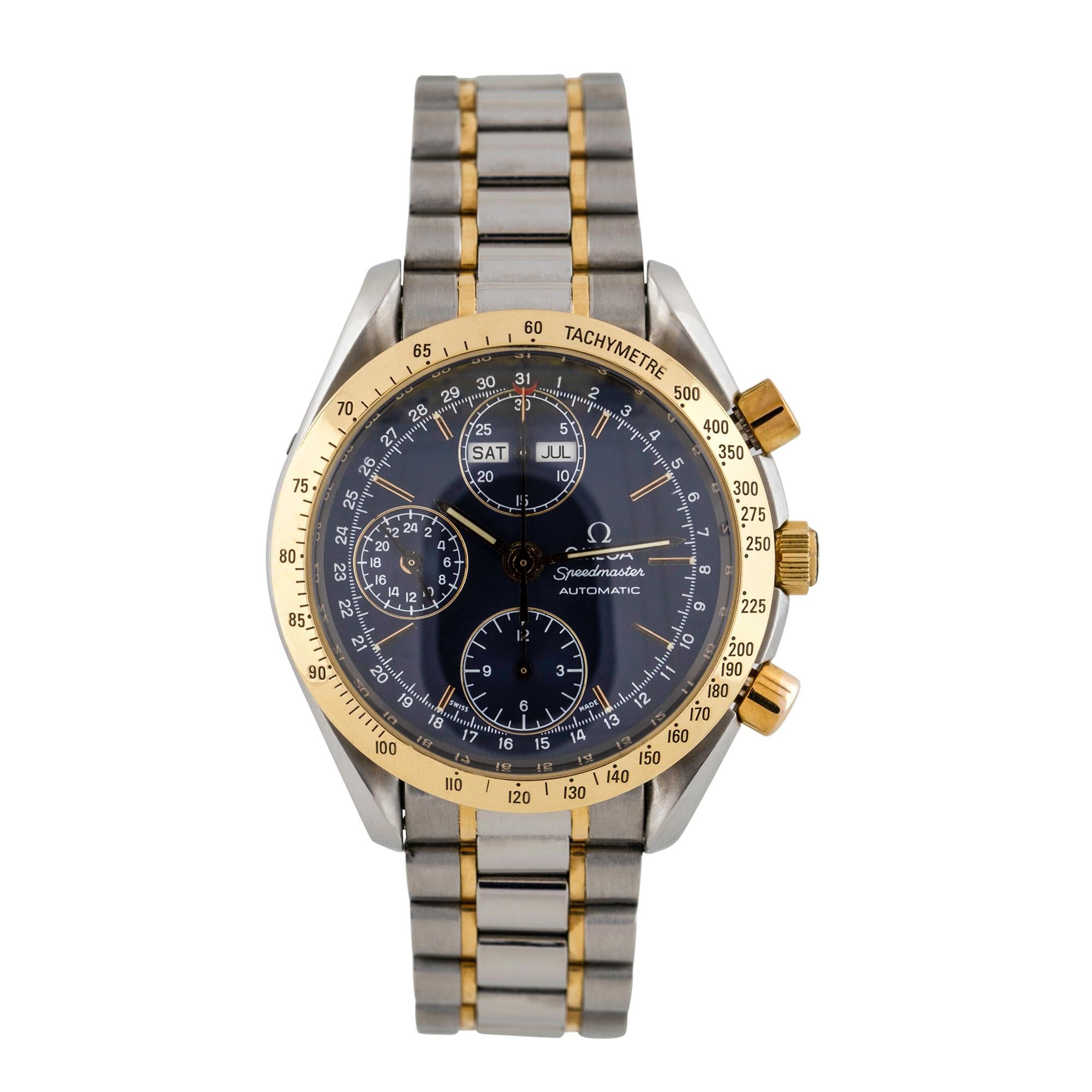 Brand: Omega
Model: Seamaster Day Date
Case Material: Stainless Steel
Case Diameter: 39mm
Crystal: Scratch resistant sapphire
Bezel: Yellow gold unidirectional Bezel
Dial: Blue chronographic dial with luminous gold hands and hour markers. Day and