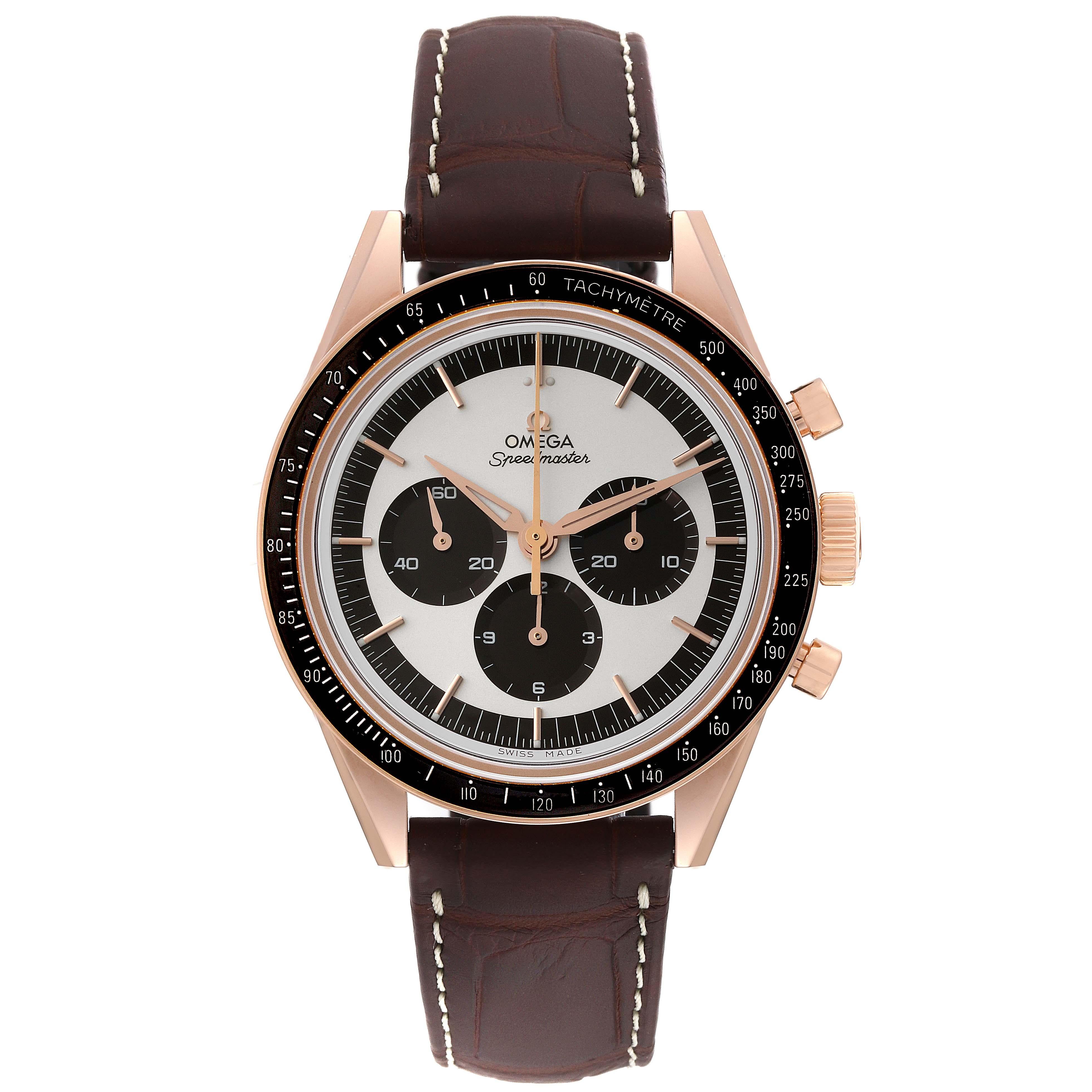 Omega Speedmaster First In Space Rose Gold Mens Watch 311.63.40.30.02.001 Unworn. Manual winding chronograph movement. Caliber 1861. 18k Sedna rose gold round case 39.7 mm in diameter. The numbered edition No., 