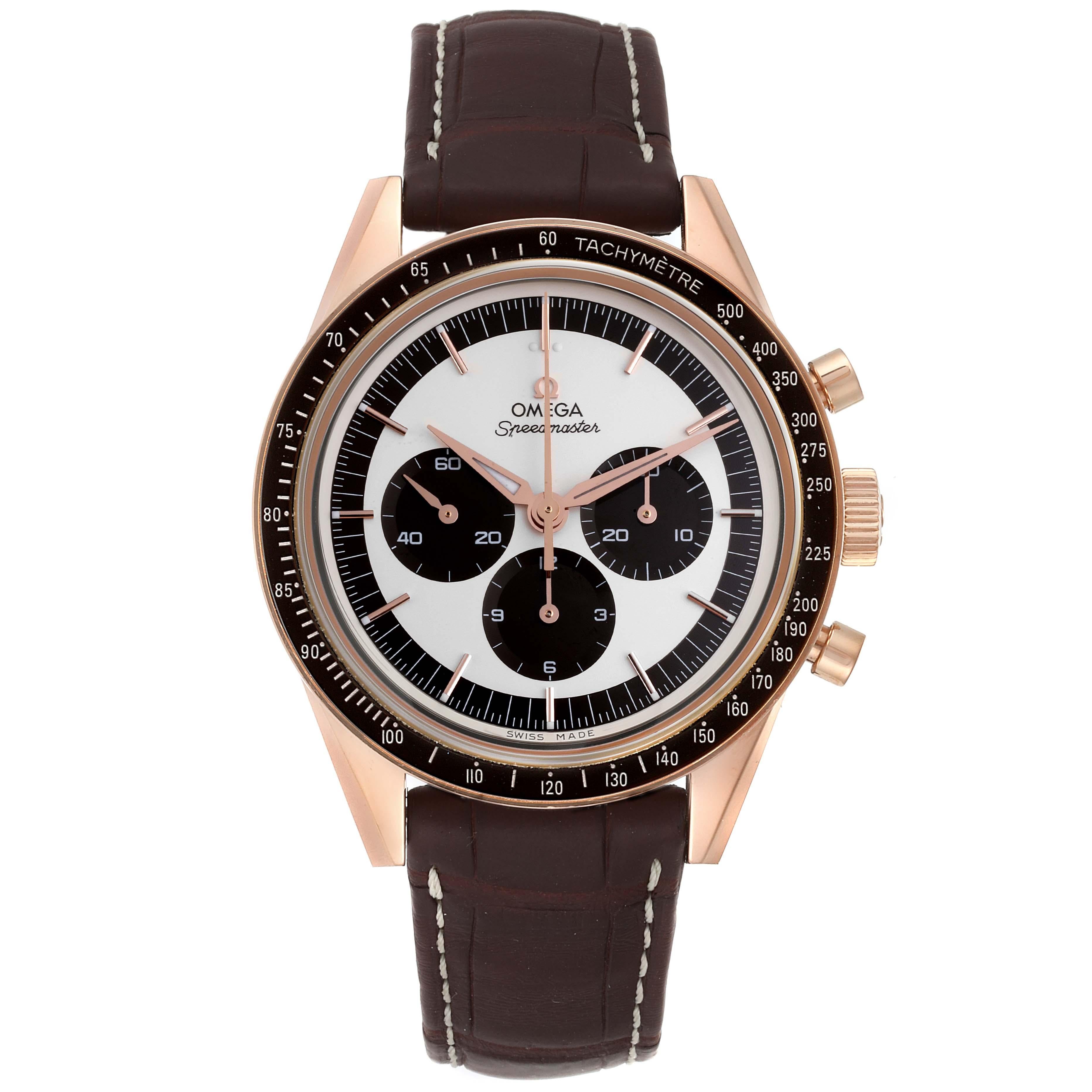 Omega Speedmaster First In Space Sedna Gold Watch 311.63.40.30.02.001. Manual winding chronograph movement. Caliber 1861. Sedna Rose gold round case 39.7 mm in diameter. The numbered edition No, 
