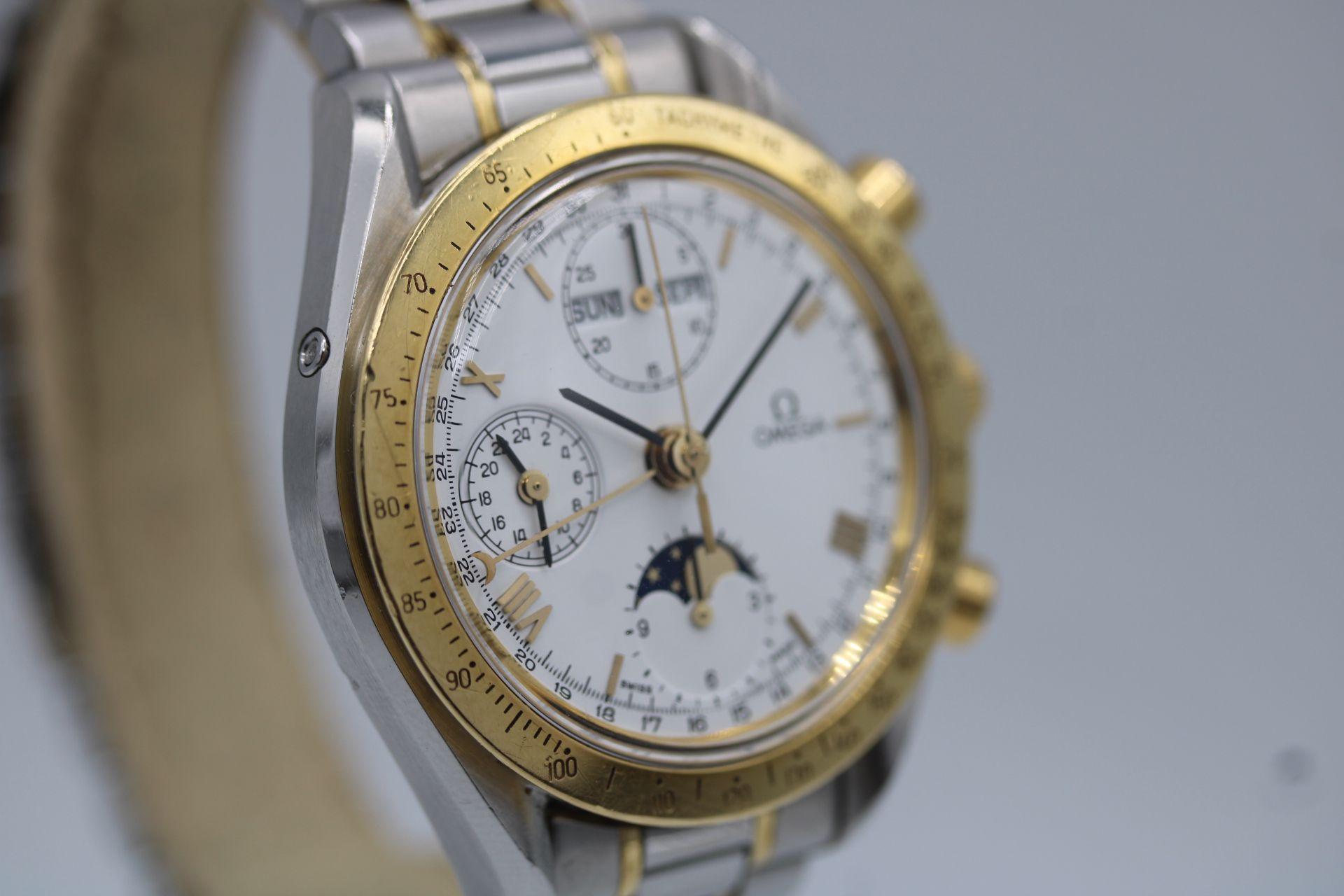 The Omega Speedmaster 1750034 model, Moonphase Day Date in gold and steel. Dated to 1990 and on its original bracelet (to fit a wrist to 7.75 inches).

We have purposely left this Omega Speedmaster watch unpolished and original although it can be