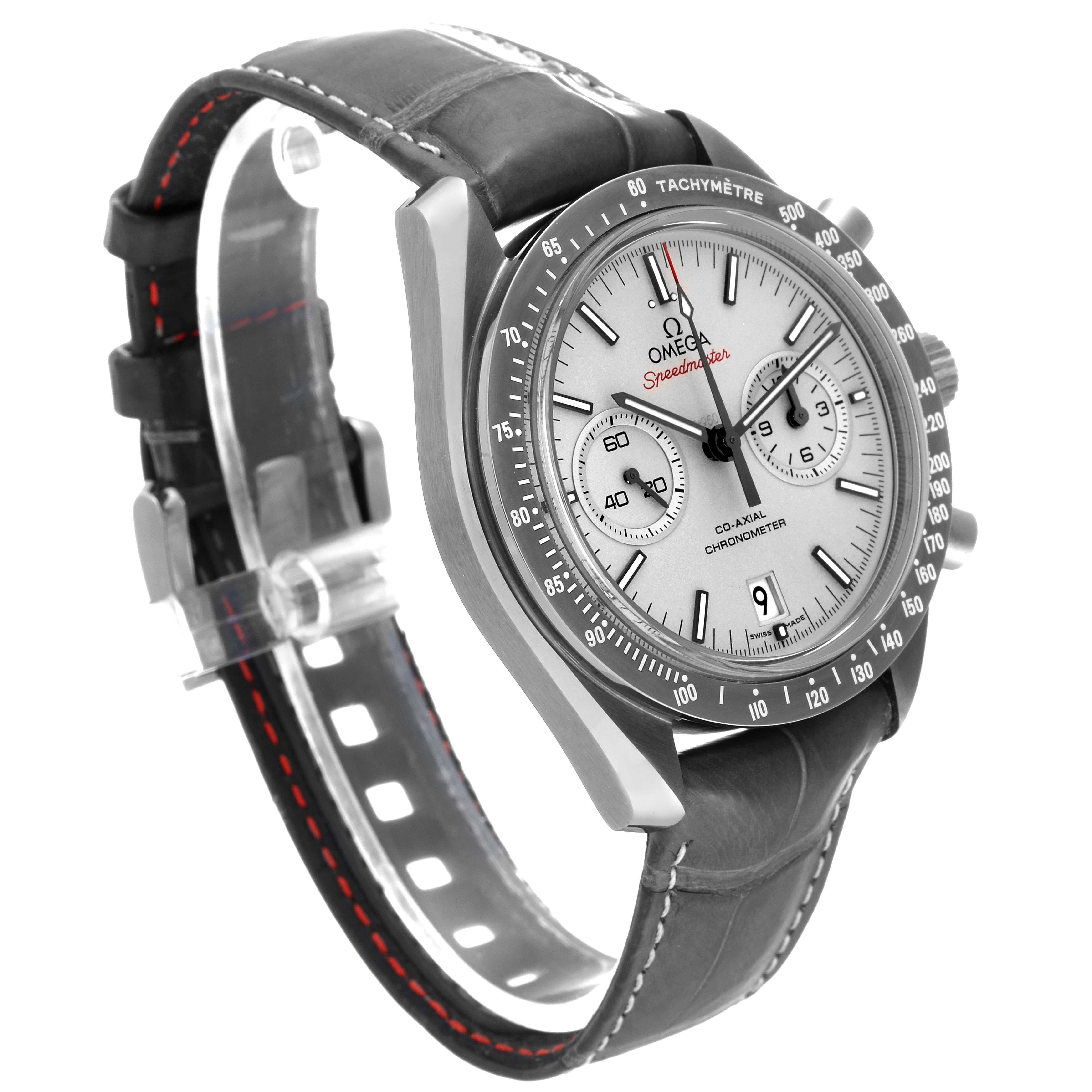 Omega Speedmaster Grey Side of the Moon Ceramic Mens Watch 311.93.44.51.99.001 Box Card. Automatic self-winding chronograph movement with column wheel mechanism and Co-Axial Escapement for greater precision, stability and durability of the movement.