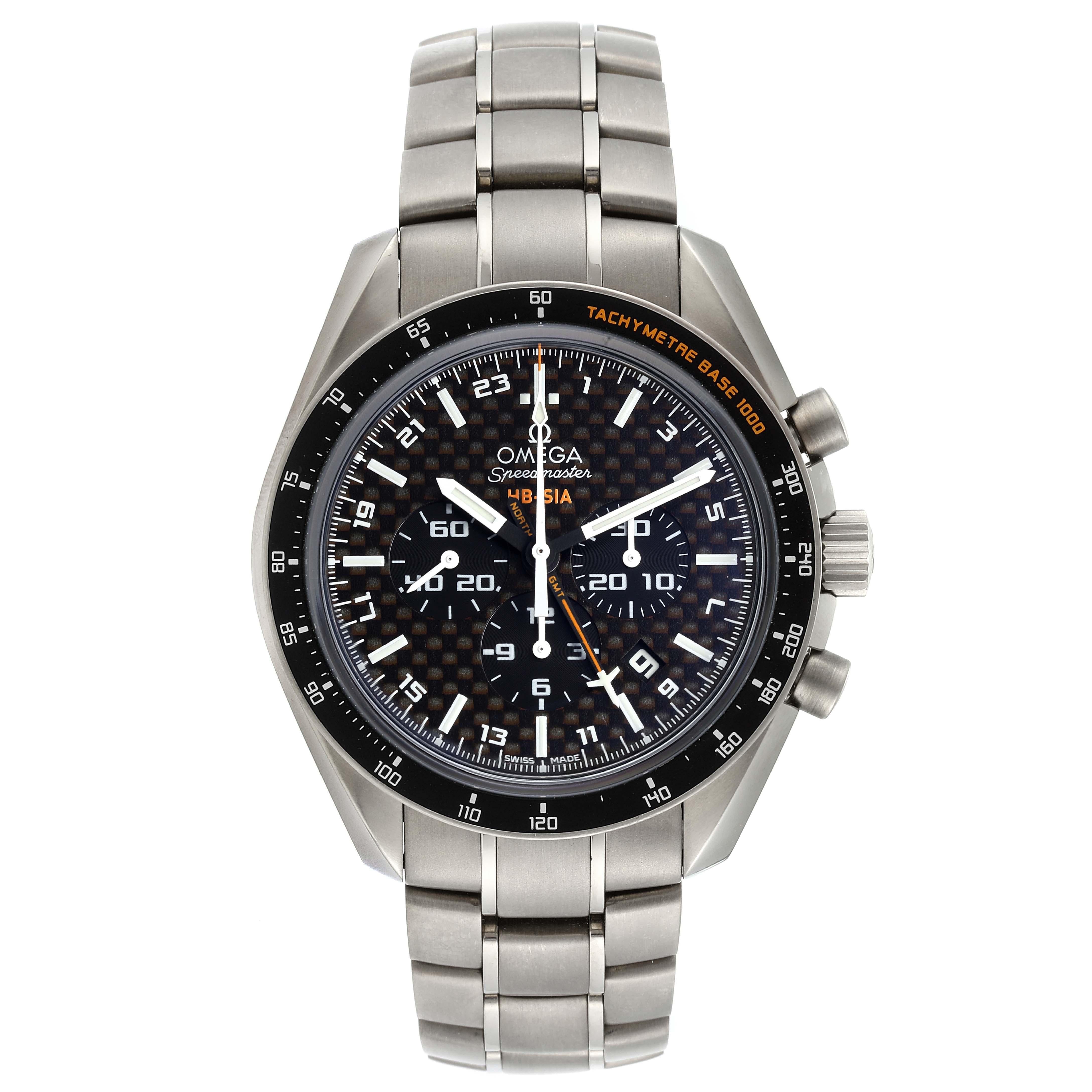 Omega Speedmaster HB-SIA GMT Titanium Watch 321.90.44.52.01.001 Box Card. Officially certified chronometer automatic self-winding movement. Titanium case 44.25 mm in diameter. Omega logo on a crown. Black bezel with tachimeter scale. Scratch