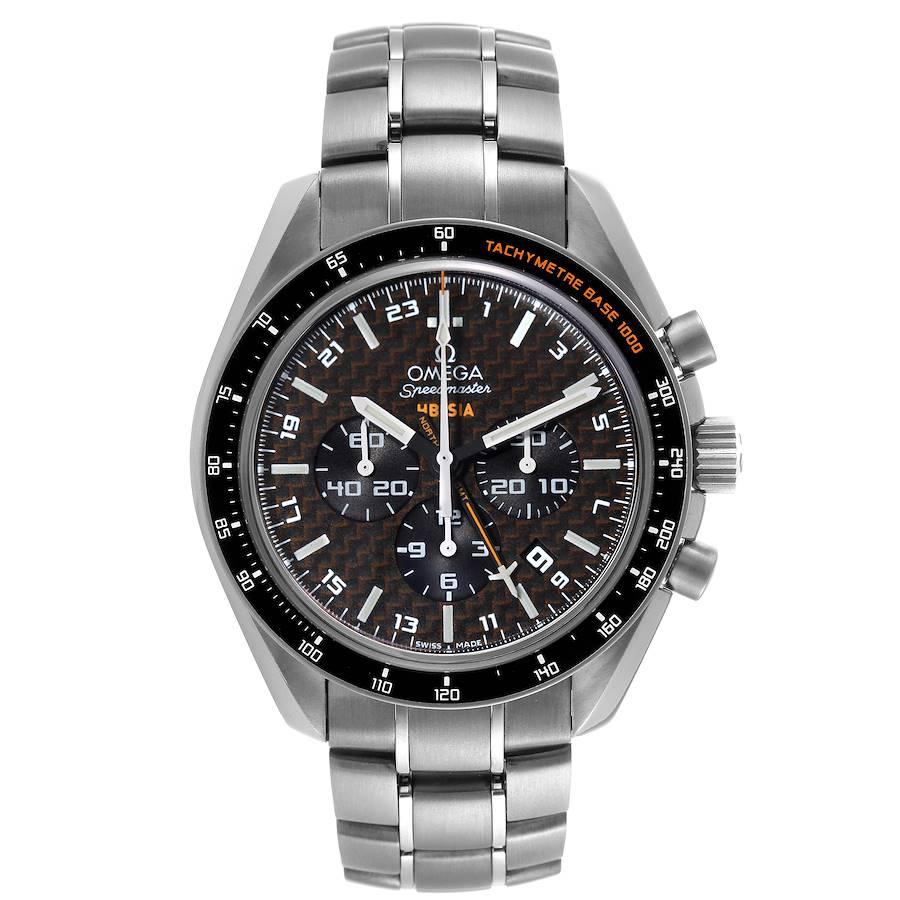 Omega Speedmaster HB-SIA GMT Titanium Watch 321.90.44.52.01.001 Box Card. Officially certified chronometer automatic self-winding movement. Titanium case 44.25 mm in diameter. Omega logo on a crown. Black bezel with tachymeter scale. Scratch
