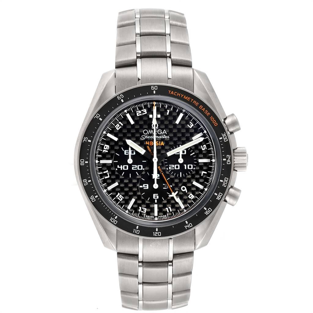 Omega Speedmaster HB-SIA GMT Titanium Watch 321.90.44.52.01.001. Officially certified chronometer automatic self-winding movement. Titanium case 44.25 mm in diameter. Omega logo on a crown. Black bezel with tachimeter scale. Scratch resistant