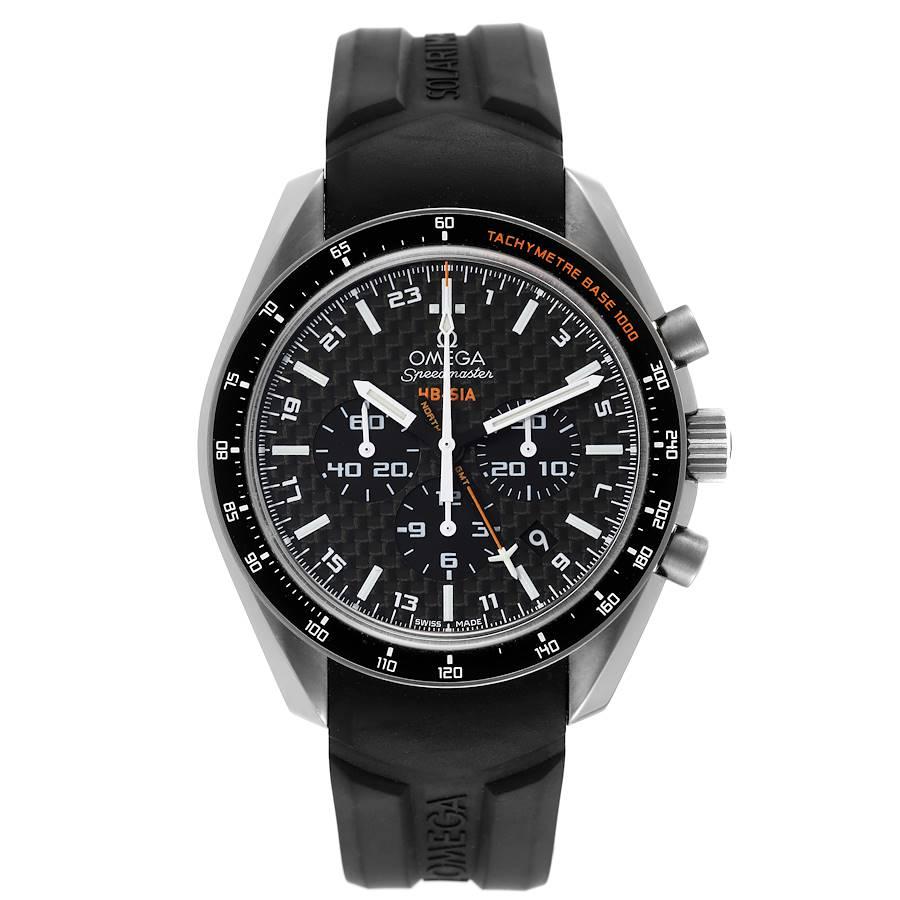 Omega Speedmaster HB-SIA GMT Titanium Watch 321.92.44.52.01.001 Box Card. Movimento automatico a carica automatica certificato ufficialmente come cronometro. Cassa in titanio da 44.25 mm di diametro. Logo Omega su una corona. Lunetta nera con scala