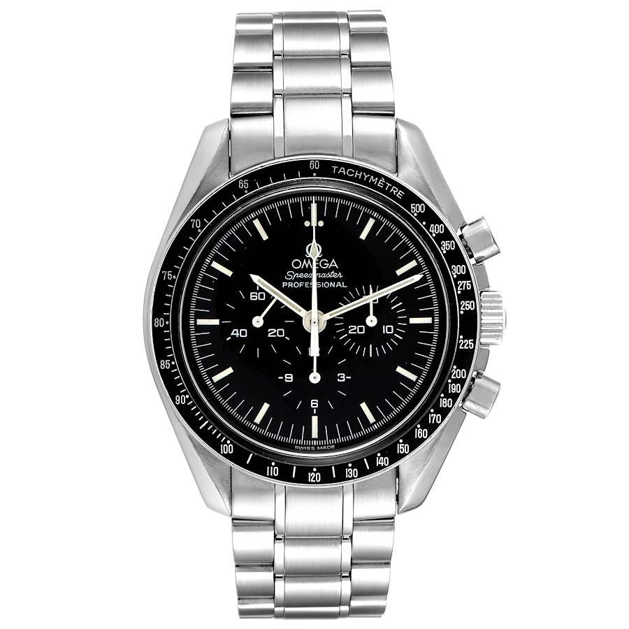 Omega Speedmaster Hesalite Sapphire Sandwich MoonWatch 3572.50.00 Box Card. Manual winding chronograph movement. Caliber 1863. Stainless steel round case 42.0 mm in diameter. Exhibition sapphire crystal transparent caseback. Stainless steel bezel