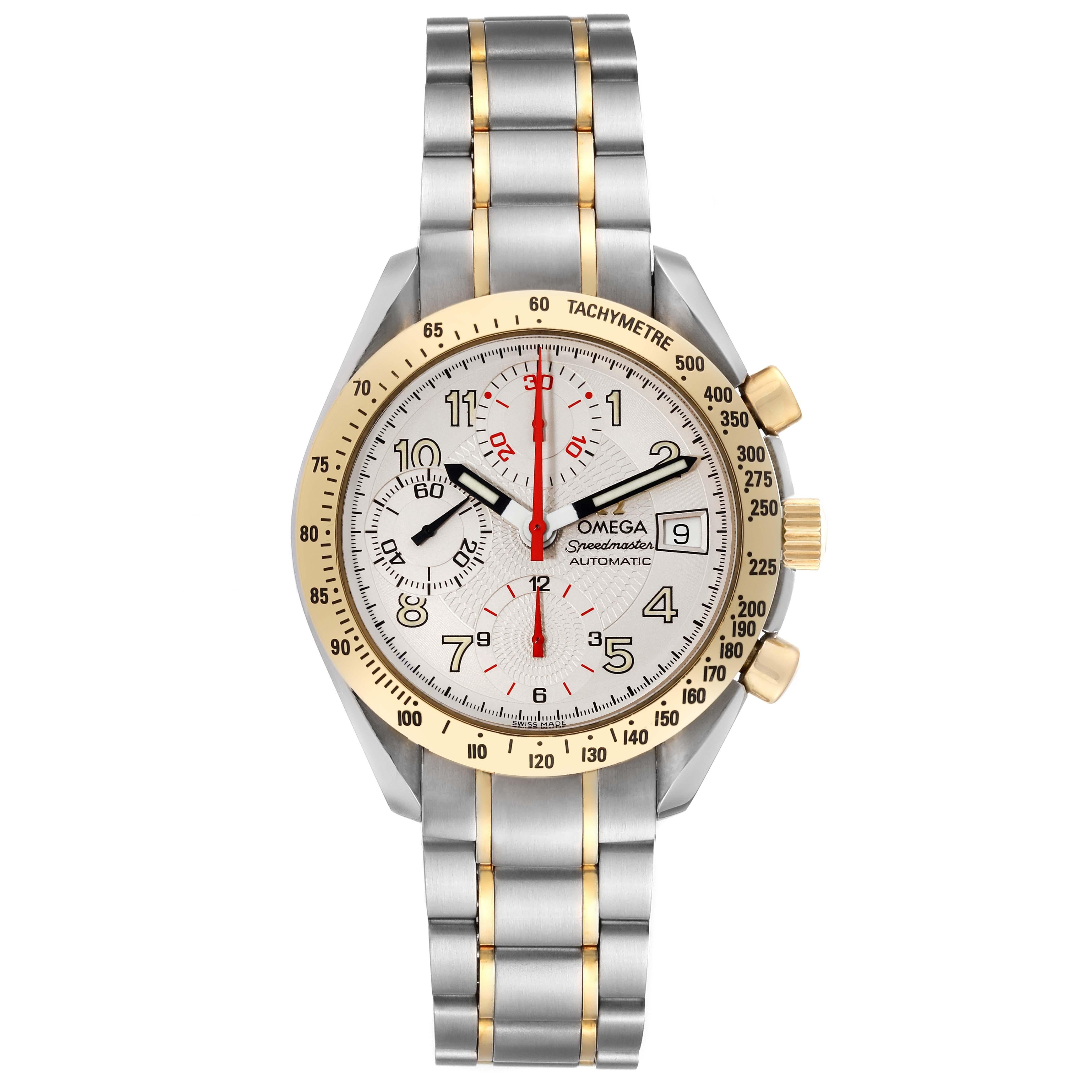 Omega Speedmaster Japanese Market Limited Edition Steel Yellow Gold Mens Watch 3313.33.00. Automatic self-winding chronograph movement. Caliber 1152. Stainless steel and 18k yellow gold case 39.0 mm in diameter. Omega logo on crown. 18k yellow gold