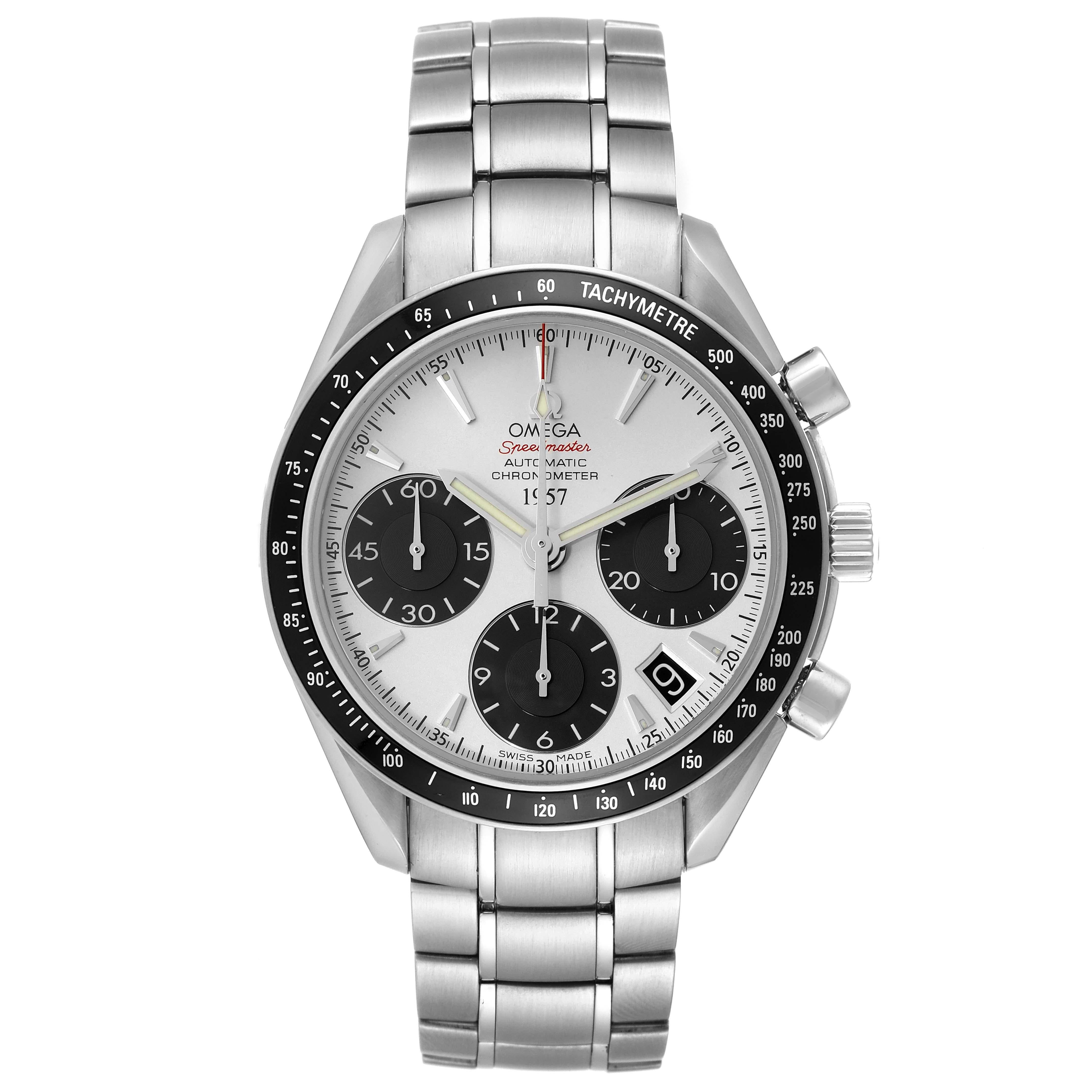 Omega Speedmaster LE Panda Dial Steel Mens Watch 323.30.40.40.02.001. Automatic chronograph movement. Stainless steel round case 40 mm in diameter with polished beveled edges, pushers, and crown. Black matte aluminum-filled bezel with a tachymeter