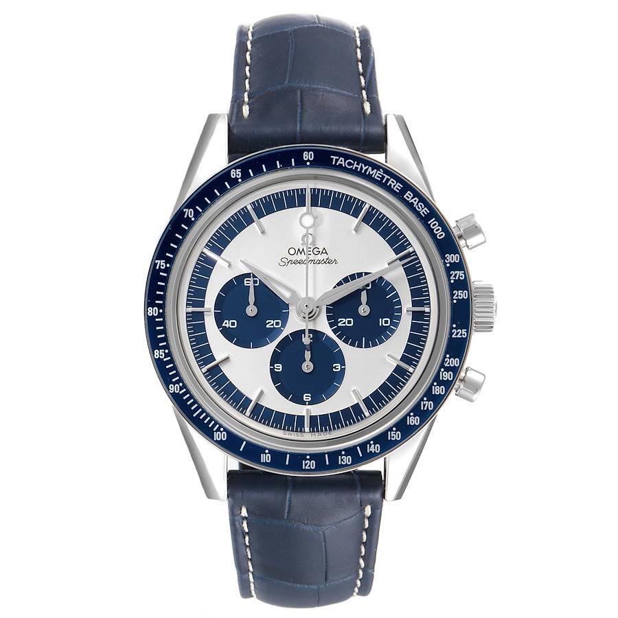 Omega Speedmaster Limited Edition Mens Watch 311.33.40.30.02.001 Box Card. Manual-winding chronograph movement. Caliber 1861. Stainless steel round case 39.7 mm in diameter. Polished blue ceramic bezel with a white Super-LumiNova tachymeter scale.