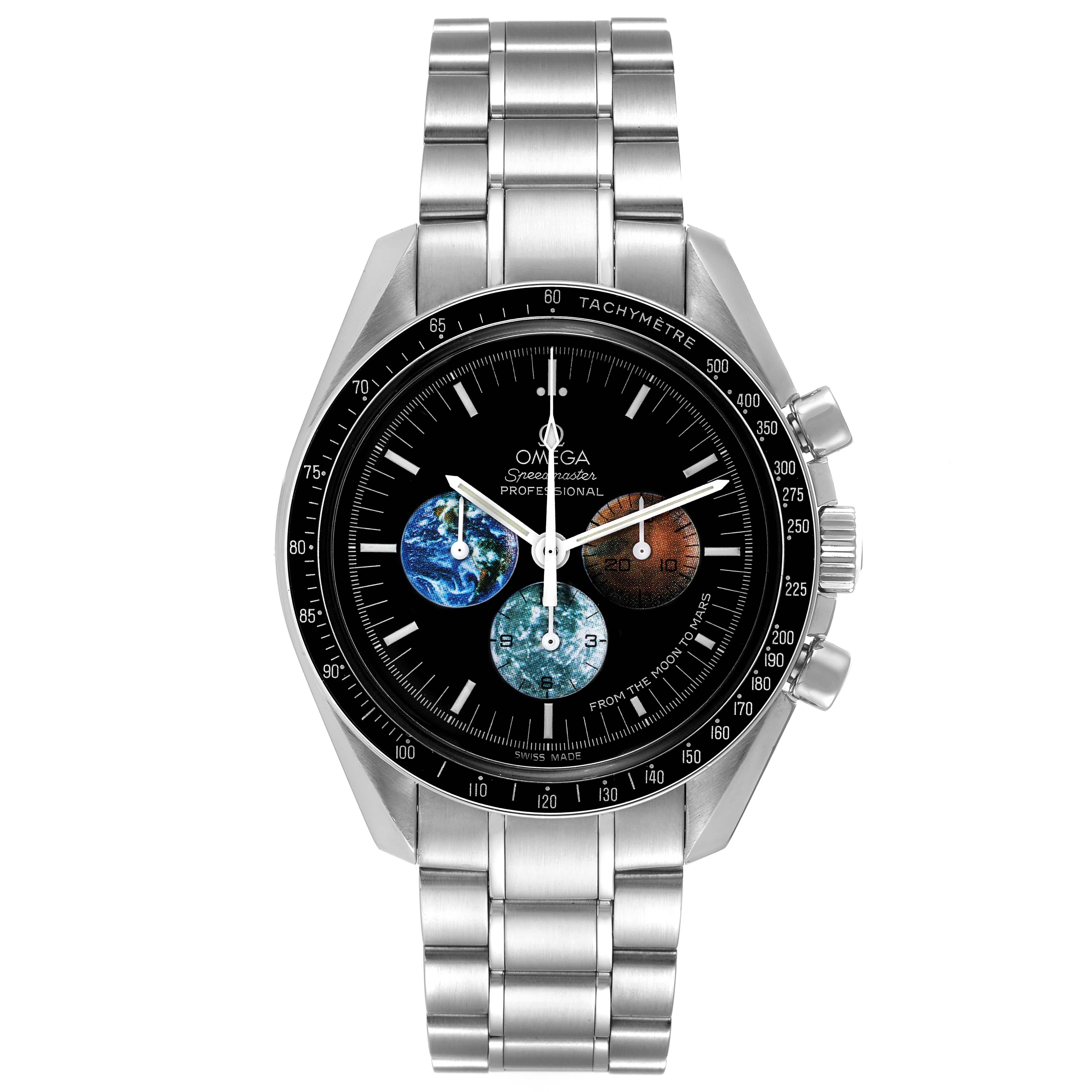 Omega Speedmaster Limited Edition Moon to Mars Steel Mens Watch 3577.50.00. Manual-winding chronograph movement. Stainless steel round case 42.0 mm in diameter. Stainless steel bezel with black tachymeter insert. Hesalite acrylic crystal. Black dial