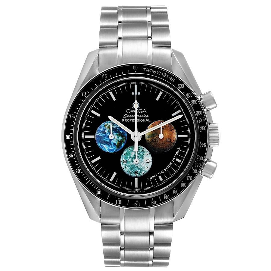 Omega Speedmaster Limited Edition Moon to Mars Watch 3577.50.00 Box Card. Manual-winding chronograph movement. Stainless steel round case 42.0 mm in diameter. Bezel with tachymeter function. Hesalite crystal. Black dial with luminescent hands and
