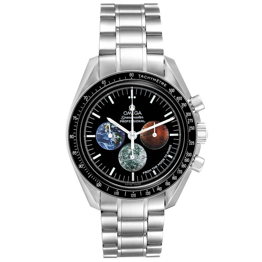 Omega Speedmaster Limited Edition Mond zum Mars Uhr 3577.50.00. Chronographenwerk mit Handaufzug. Rundes Edelstahlgehäuse mit einem Durchmesser von 42::0 mm. Lünette mit Tachymeterfunktion. Hesalit-Kristall. Schwarzes Zifferblatt mit leuchtenden