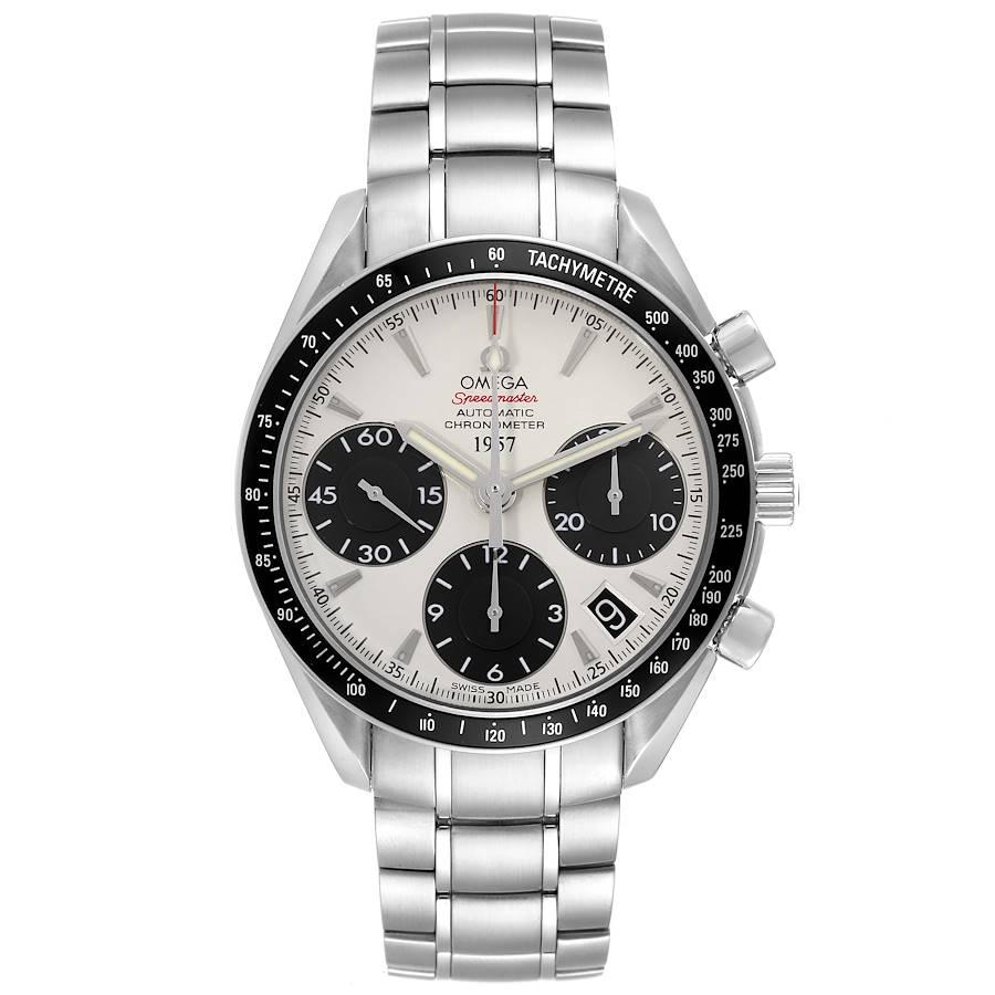 Omega Speedmaster Limited Edition Panda Dial Steel Mens Watch 323.30.40.40.02.001. Automatic chronograph movement. Stainless steel round case 40 mm in diameter with polished bevelled edges, pushers and crown. Black matte aluminum-filled bezel with a