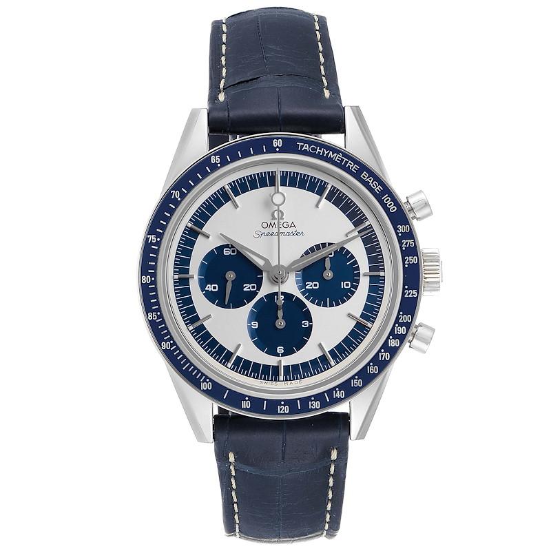 Omega Speedmaster Limited Edition Watch 311.33.40.30.02.001 Box Papers. Manual-winding chronograph movement. Caliber 1861. Stainless steel round case 39.7 mm in diameter. Polished blue ceramic bezel with a white Super-LumiNova tachymeter scale.