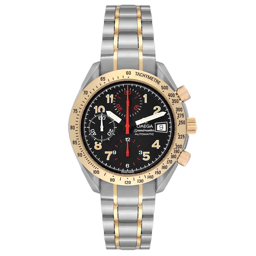 Omega Speedmaster Mark 40 Steel Yellow Gold Automatic Mens Watch 3313.53.00. Automatic self-winding chronograph movement. Stainless steel and yellow gold round case 39.0 mm in diameter. 18K yellow gold bezel with engraved tachymeter function.