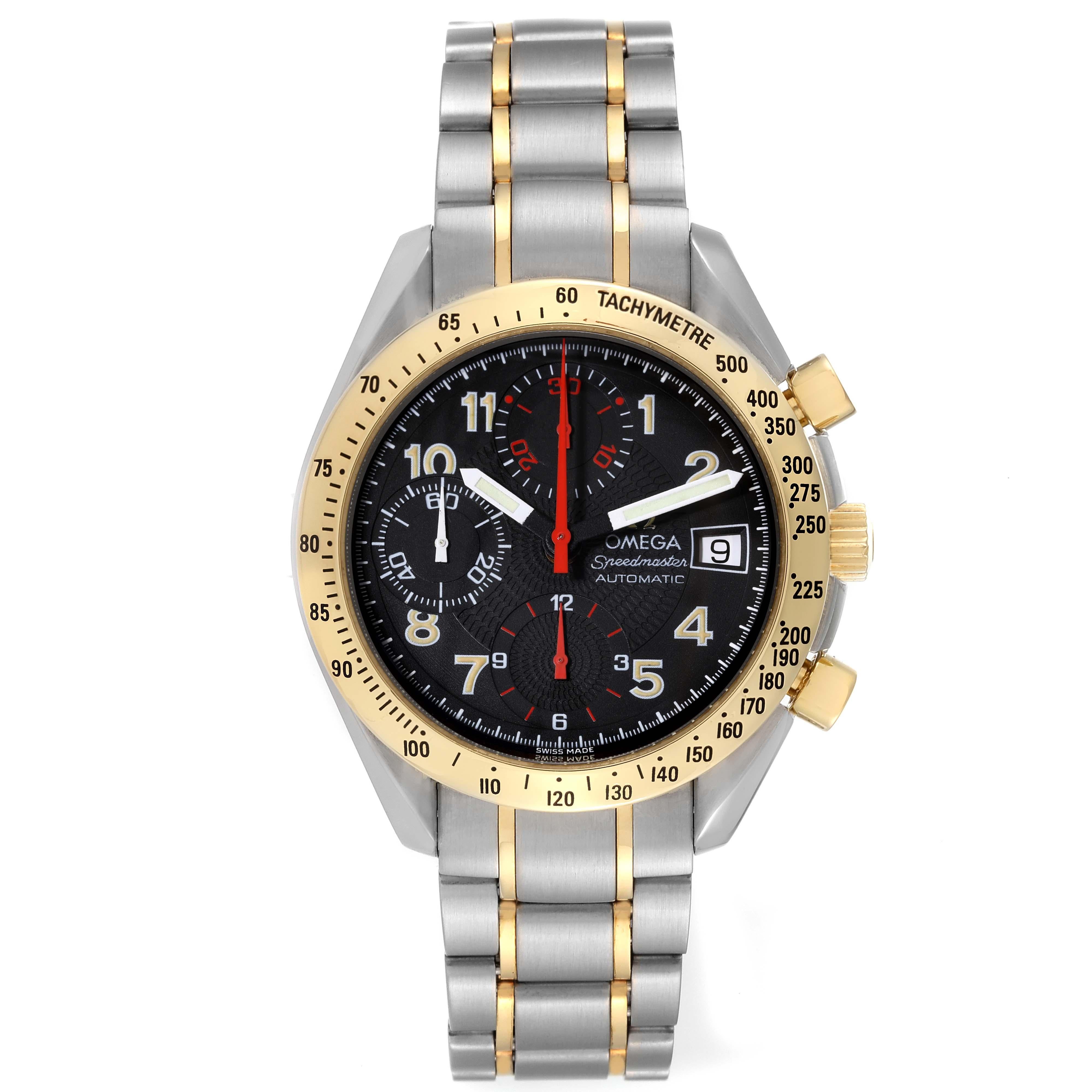 Omega Speedmaster Mark 40 Steel Yellow Gold Automatic Mens Watch 3313.53.00. Automatic self-winding chronograph movement. Stainless steel and yellow gold round case 39.0 mm in diameter. 18K yellow gold bezel with engraved tachymetre function.