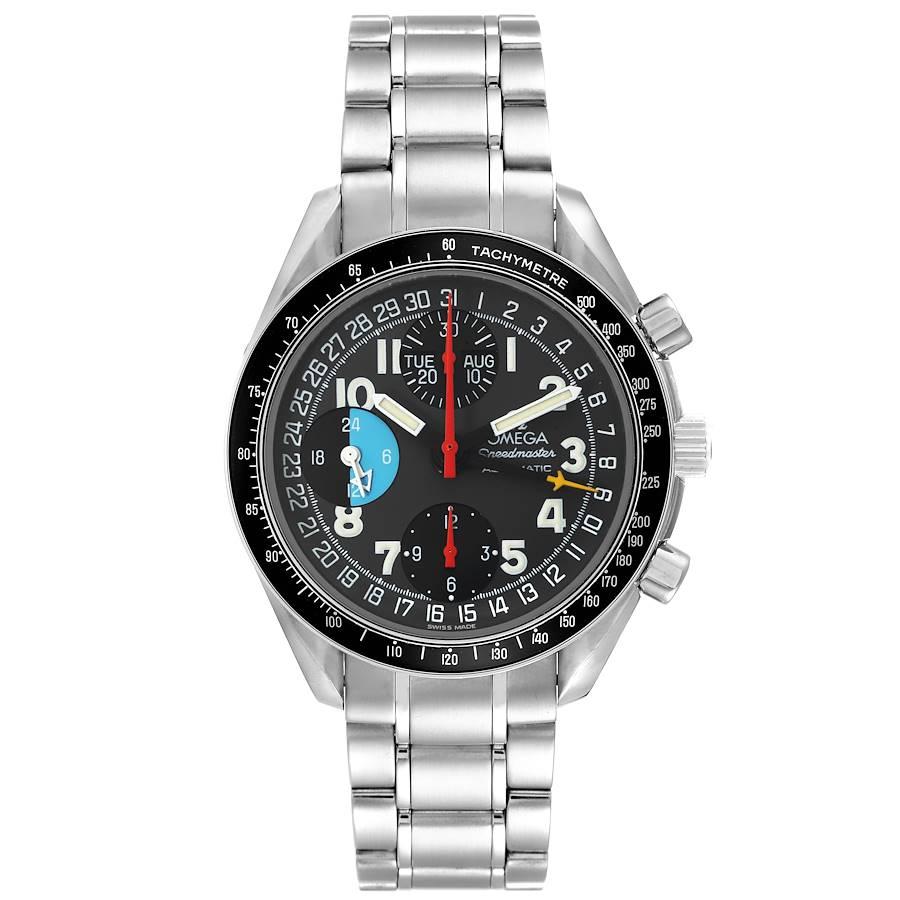 Omega Speedmaster Mark 40 Triple Calendar Steel Mens Watch 3520.53.00. Automatic self-winding chronograph movement. Stainless steel case 39.0 mm in diameter. Omega logo on a crown. A little button at 11 o?clock to set the day of week. Black