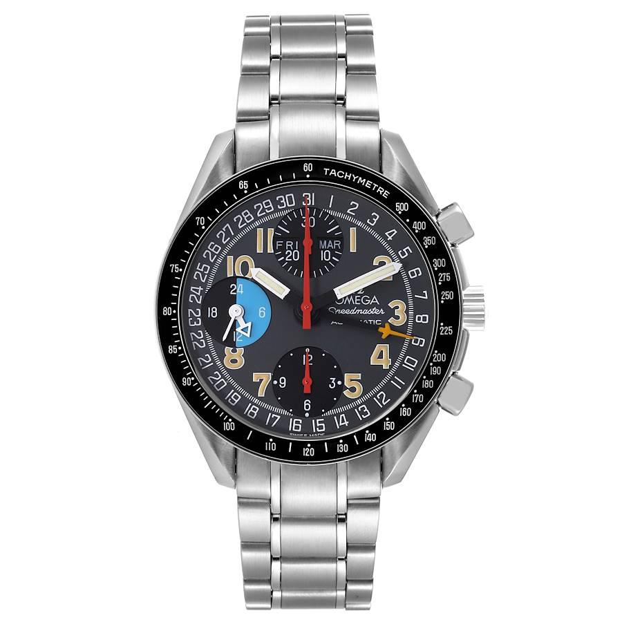 Omega Speedmaster Mark 40 Triple Kalender Stahl Herrenuhr 3520.53.00. Automatisches Chronographenwerk mit Selbstaufzug. Gehäuse aus Edelstahl mit einem Durchmesser von 39.0 mm. Omega-Logo auf einer Krone. Ein kleiner Knopf bei 11 Uhr zum Einstellen