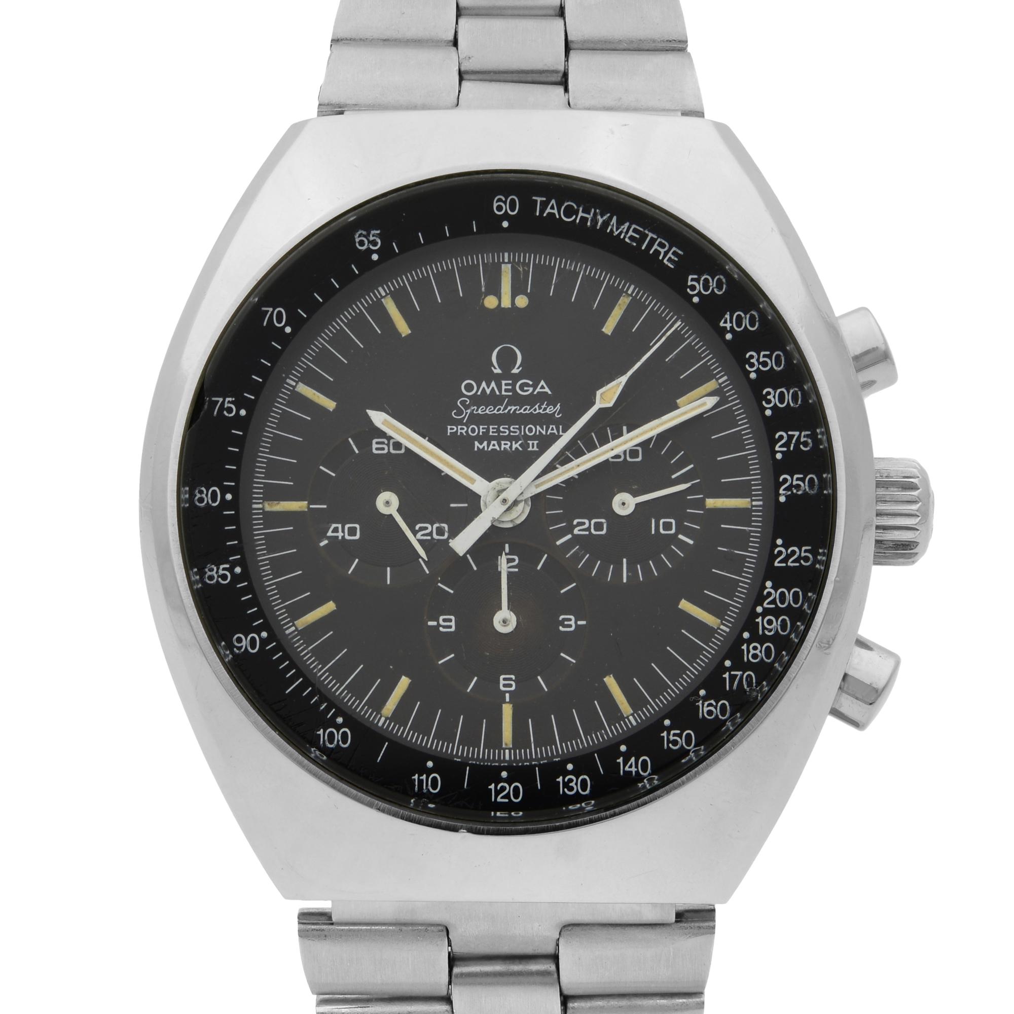 This pre-owned Omega Speedmaster  145.014 is a beautiful men's timepiece that is powered by mechanical (hand-winding) movement which is cased in a stainless steel case. It has a tonneau shape face, small seconds subdial and tachymetre scale dial and