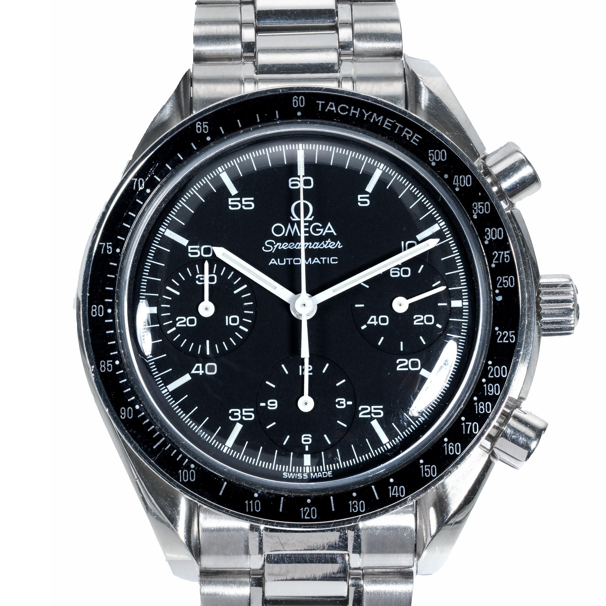 Omega Speedmaster Chronograph men's wristwatch. Stainless steel Omega band, Black dial with stainless steel case and recently serviced. Late 1990's All original Speedmaster. Band is 7.75 Inches long and easily shortened. Seahorse medallion on the