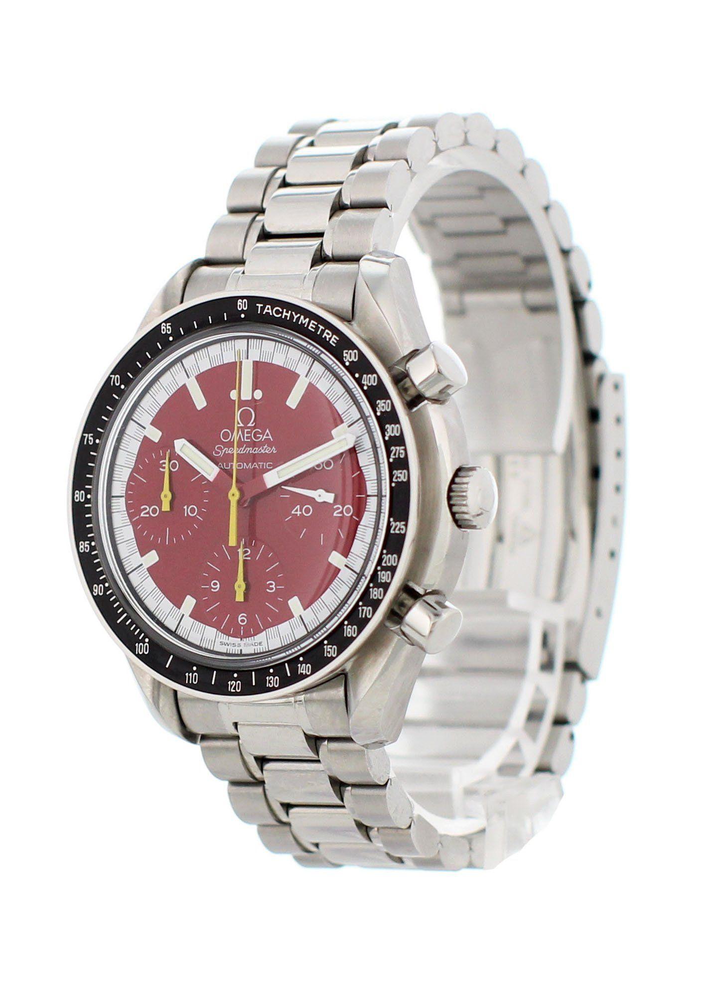 Omega Speedmaster Michael Schumacher 3510.61.00 Men's Watch
39mm Stainless Steel case. 
Stainless Steel Tachymeter bezel. 
Red dial with luminous white hands and index hour markers. 
Minute markers on the outer dial. 
Stainless Steel Bracelet with