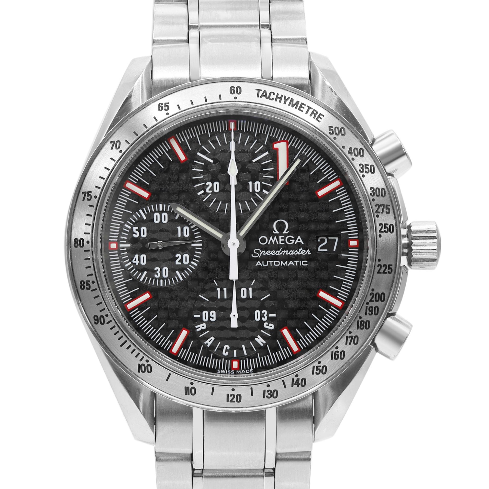 This pre-owned Omega Speedmaster 3519.50.00 is a beautiful Men's timepiece that is powered by mechanical (automatic) movement which is cased in a stainless steel case. It has a round shape face, chronograph, date indicator. Carbon fiber dial with