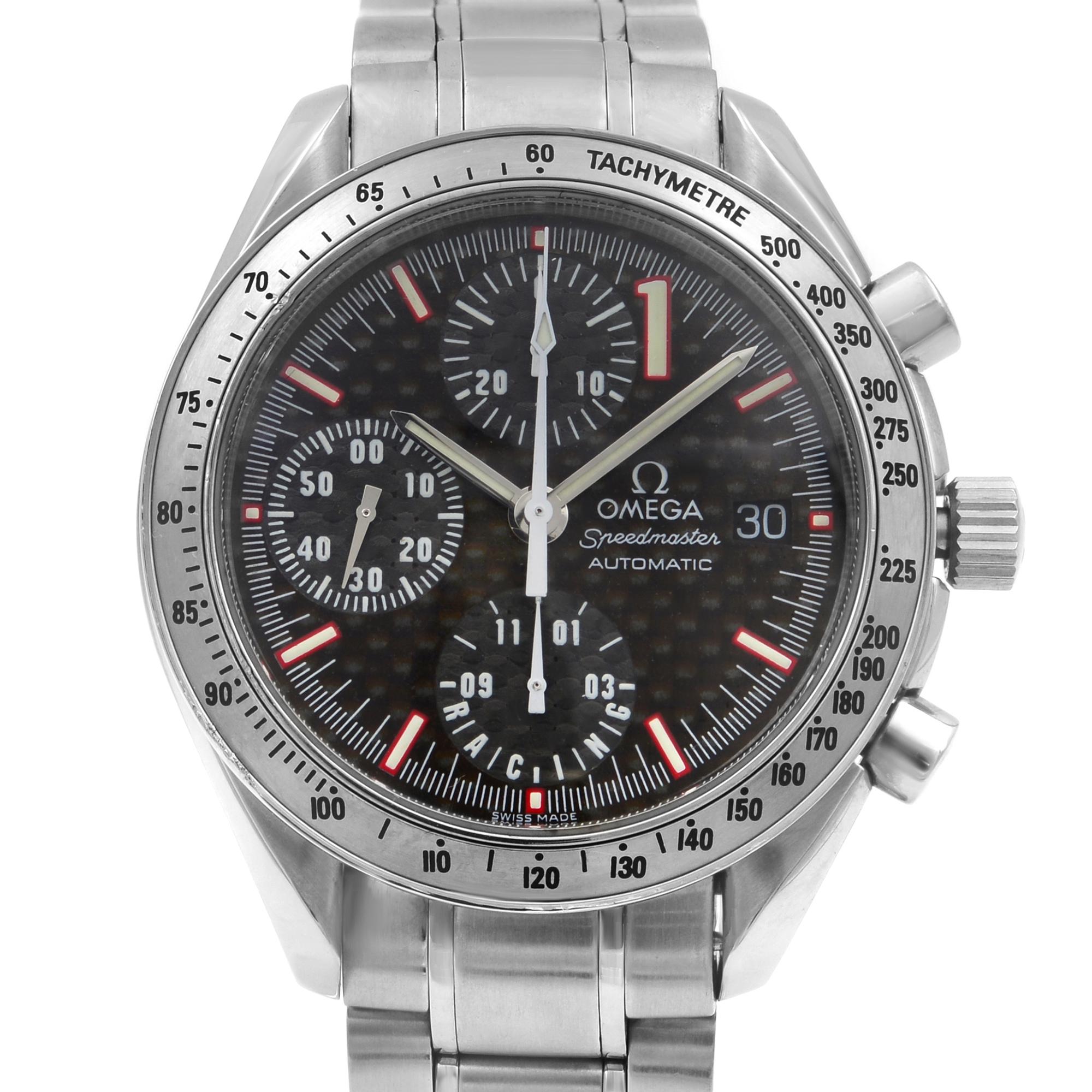 This pre-owned Omega Speedmaster  3519.50.00 is a beautiful men's timepiece that is powered by mechanical (automatic) movement which is cased in a stainless steel case. It has a round shape face, chronograph, date indicator, small seconds subdial,