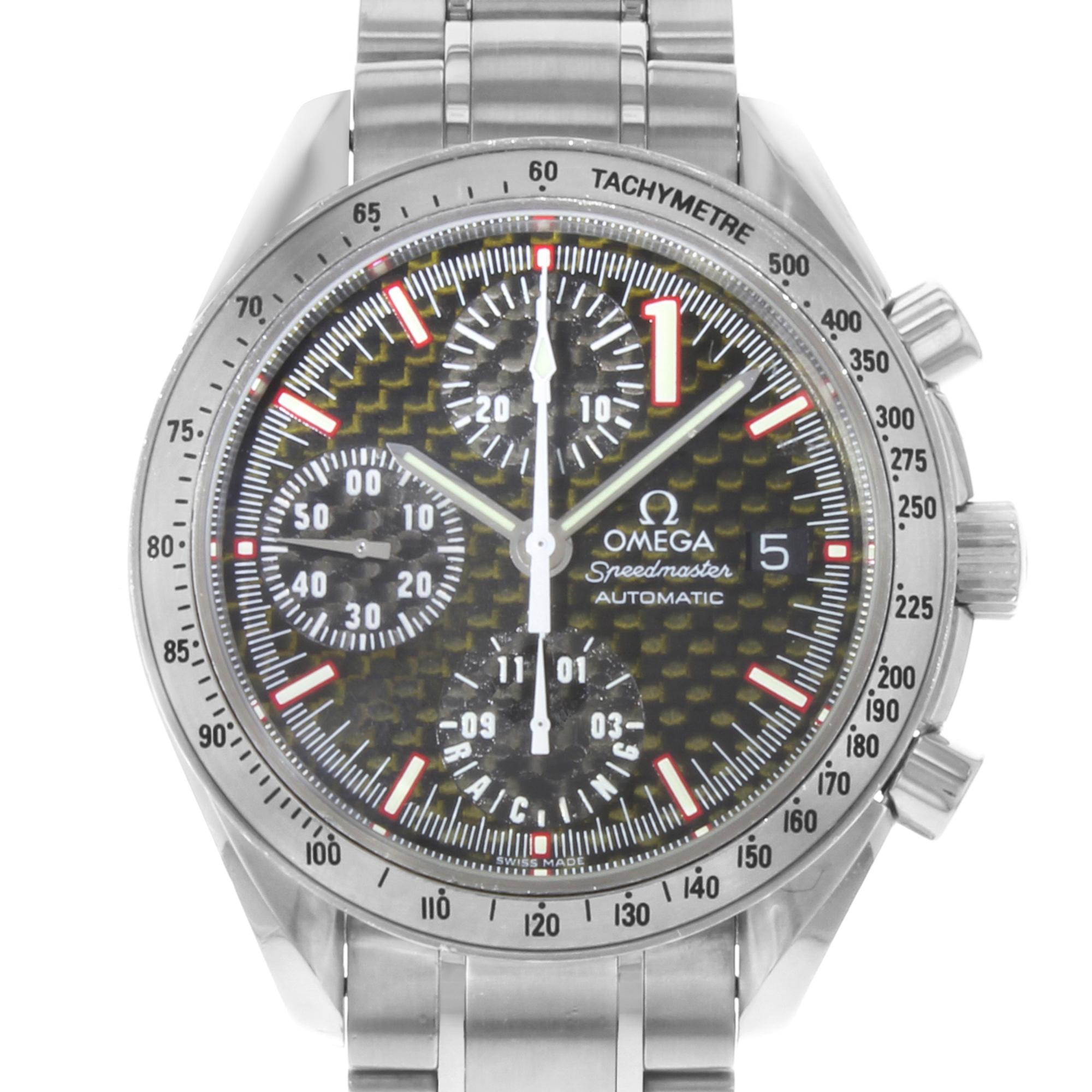 This pre-owned Omega Speedmaster  3519.50.00 is a beautiful men's timepiece that is powered by mechanical (automatic) movement which is cased in a stainless steel case. It has a round shape face, chronograph, date indicator, small seconds subdial,