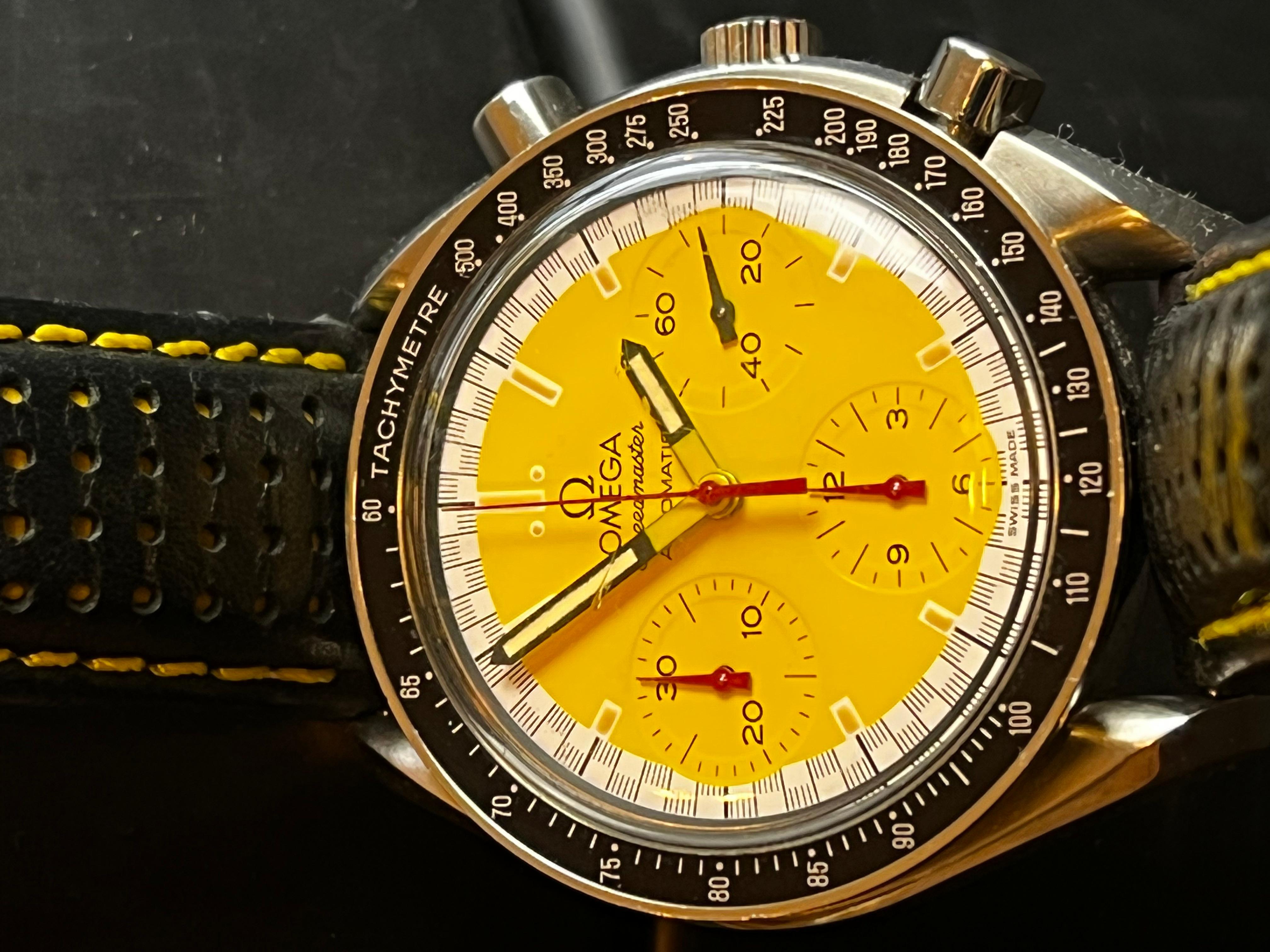 An Omega Speedmaster Chronograph with Tachymeter
Circa 1998
Michael Schumacher edition
With its rare and original ‘Racing Tyre’ watch box
Case width 39mm
With original instruction book
In super vintage condition, very well looked after, running well