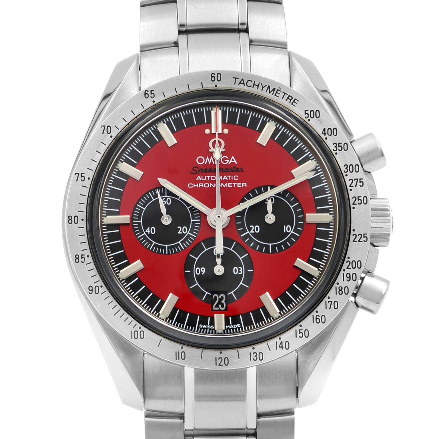 This pre-owned Omega Speedmaster 3506.61.00 is a beautiful men's timepiece that is powered by mechanical (automatic) movement which is cased in a stainless steel case. It has a round shape face,  dial and has hand sticks style markers. It is