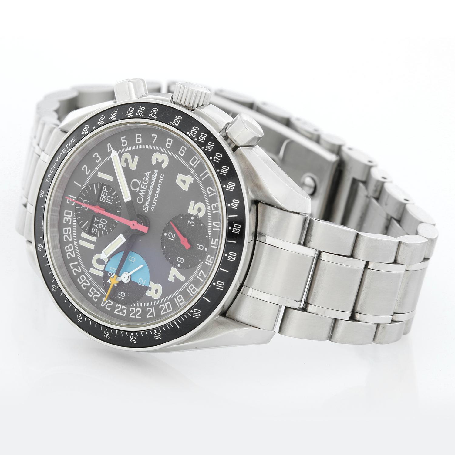 Omega Speedmaster MK40 Triple Date Chronograph  - Manual winding; chronograph. Stainless steel case, bezel and crown  (40mm diameter). Gray dial; triple date, minutes and seconds recorders; day night indicator. Stainless steel braclet with deployant