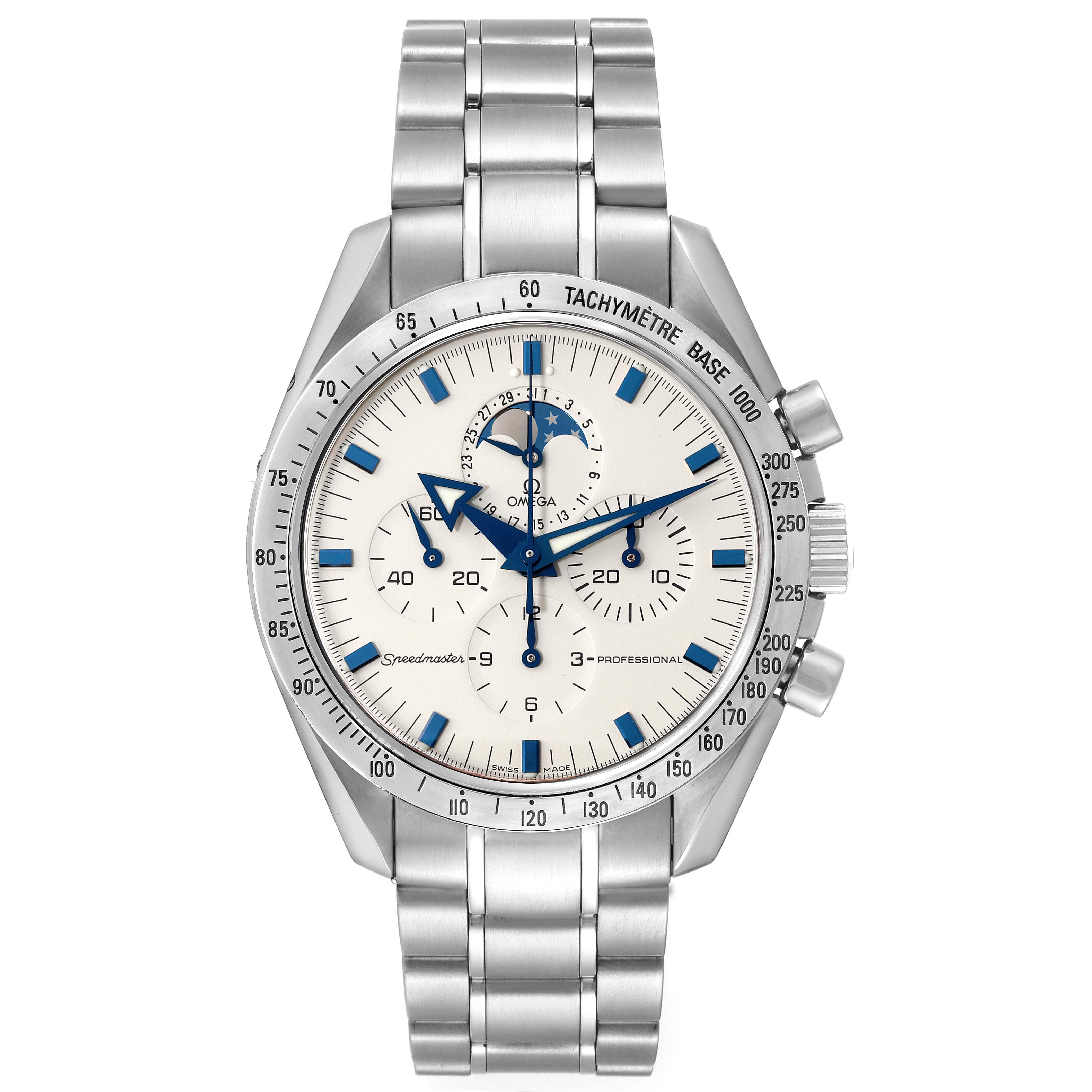 Omega Speedmaster Moon Phase Chronograph Steel Mens Watch 3575.20.00 Box Card. Manual-winding chronograph movement. Caliber 1861. Stainless steel round case 42 mm in diameter. Stainless steel bezel with tachymetre function. Scratch-resistant
