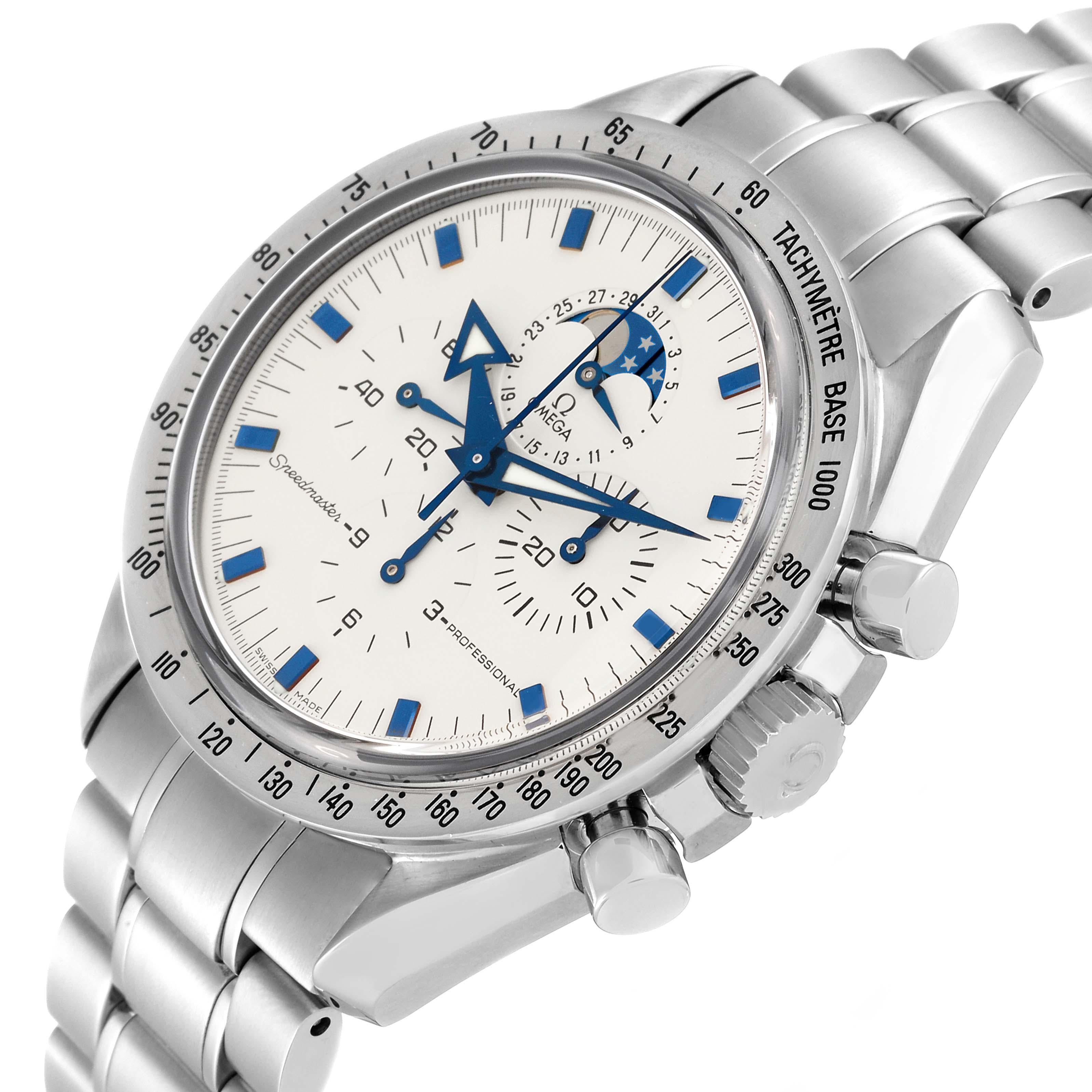Omega Speedmaster Moon Phase Chronograph Steel Mens Watch 3575.20.00 Box Card. Manual-winding chronograph movement. Stainless steel round case 42 mm in diameter. Stainless steel bezel with tachymetre function. Scratch-resistant sapphire crystal with