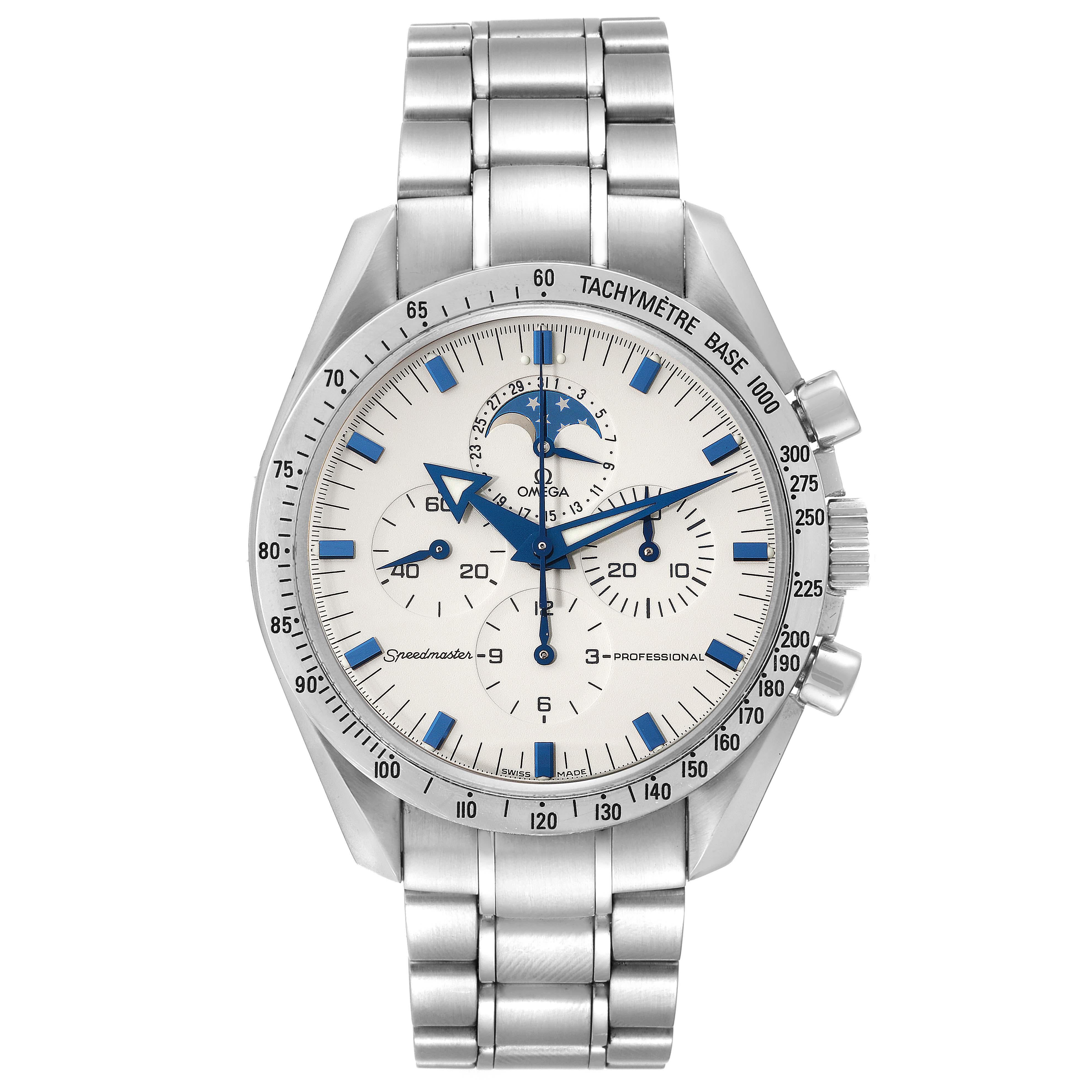 Omega Speedmaster Moon Phase Chronograph Steel Mens Watch 3575.20.00 Card. Manual-winding chronograph movement. Stainless steel round case 42 mm in diameter. Stainless steel bezel with tachymetre function. Scratch-resistant sapphire crystal with