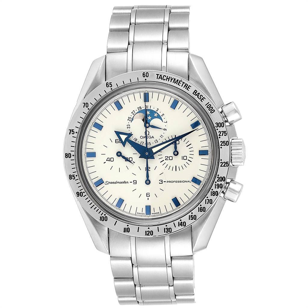 Omega Speedmaster MoonPhase Chronograph Blue Hands Mens Watch 3575.20.00. Manual-winding chronograph movement. Caliber 1861. Stainless steel round case 42 mm in diameter. Stainless steel bezel with tachymetre function. Scratch-resistant sapphire