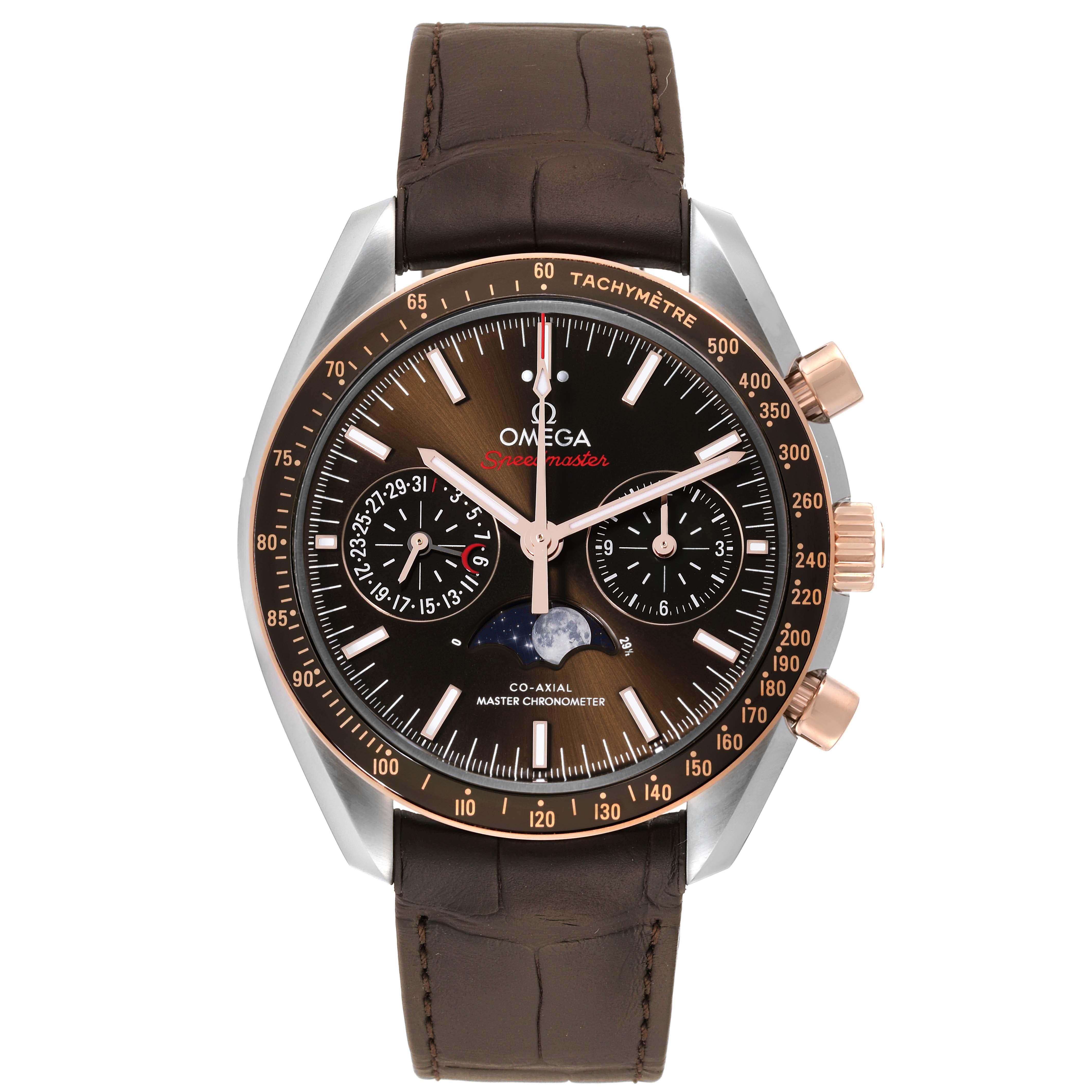 Omega Speedmaster Moonphase Chronograph Mens Watch 304.23.44.52.13.001 Box Card. Automatic self-winding chronograph movement with column wheel mechanism and Co-Axial Escapement. Silicon balance-spring on free sprung-balance, 2 barrels mounted in
