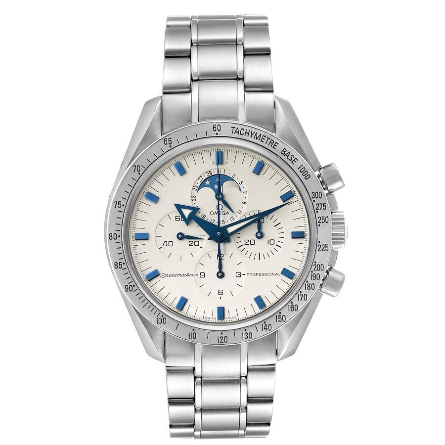 Omega Speedmaster MoonPhase Chronograph Mens Watch 3575.20.00. Manual-winding chronograph movement. Caliber 1861. Stainless steel round case 42 mm in diameter. Stainless steel bezel with tachymetre function. Scratch-resistant sapphire crystal with
