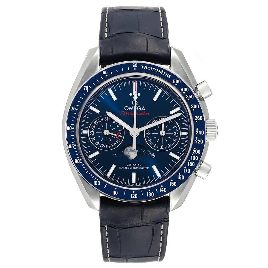 Omega Speedmaster Moonphase Chronograph Watch 304.33.44.52.03.001 Box Card. Automatic self-winding chronograph movement with column wheel mechanism and Co-Axial Escapement. Silicon balance-spring on free sprung-balance, 2 barrels mounted in series,