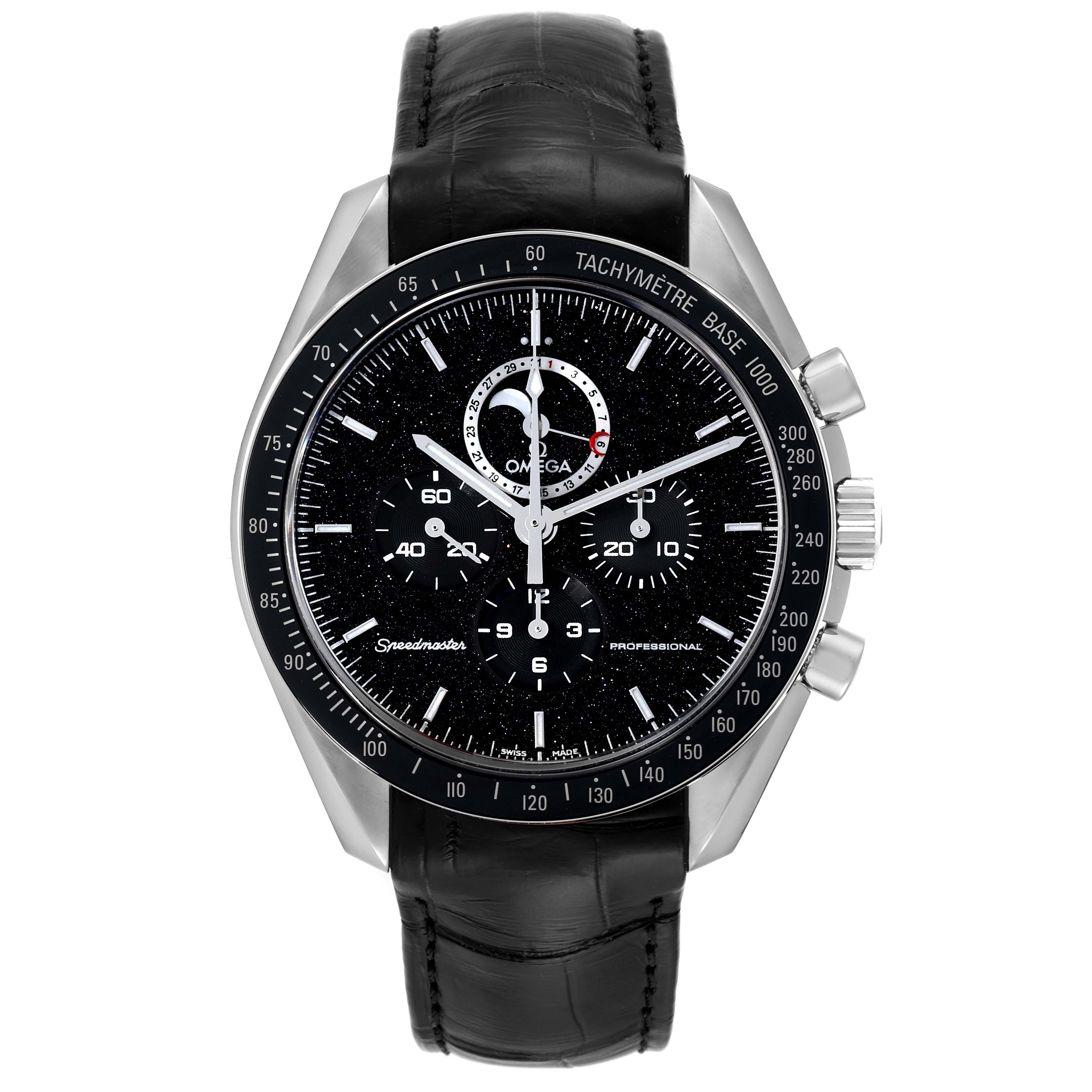 Omega Speedmaster Moonphase Steel Mens Watch 311.33.44.32.01.001 Box Card. Manual winding chronograph movement. Stainless steel round case 44.25mm in diameter. Transparent exhibition sapphire caseback. Stainless steel bezel with black ceramic