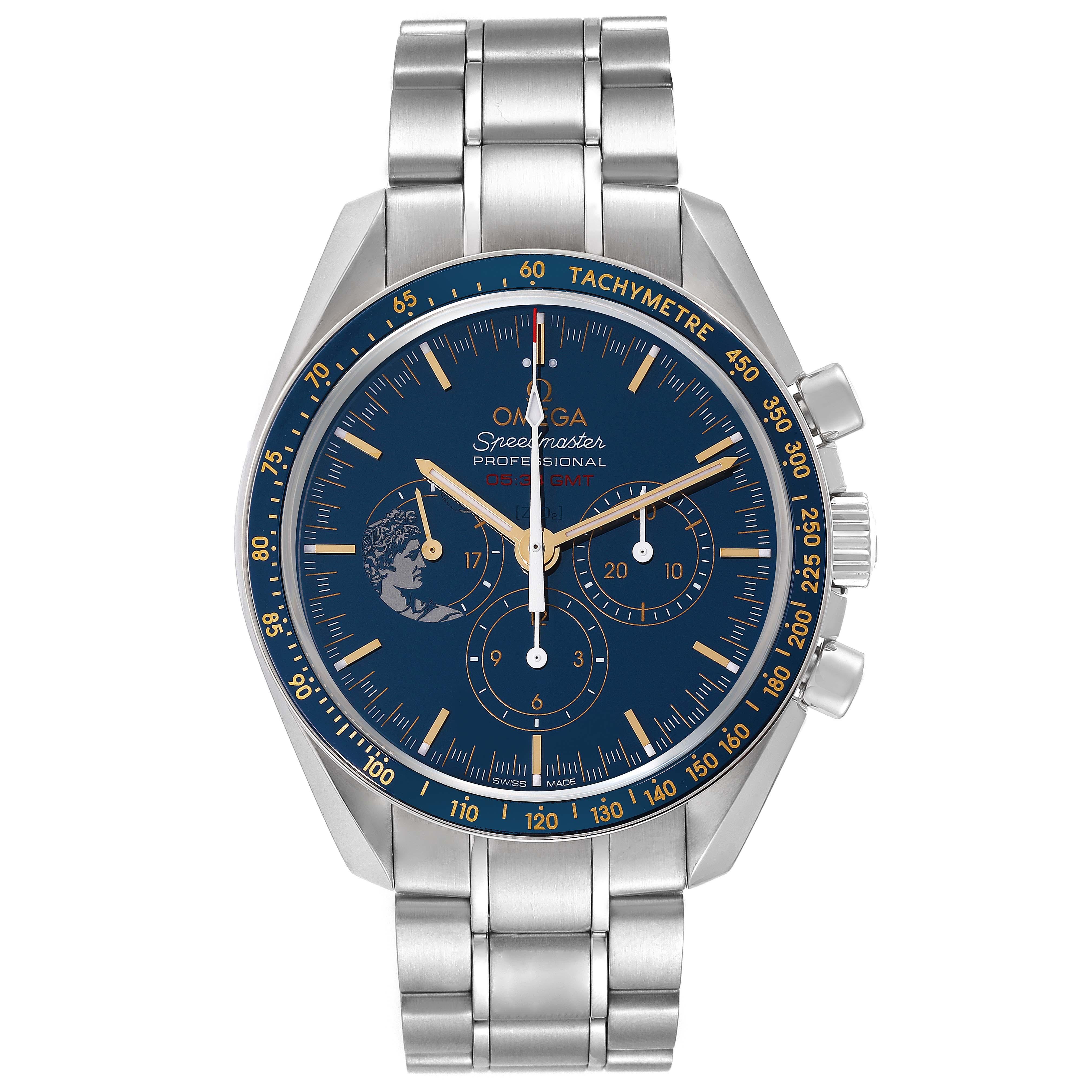 Omega Speedmaster Moonwatch Apollo 17 LE Mens Watch 311.30.42.30.03.001 Card. Manual-winding chronograph movement. Stainless steel round case 42.0 mm in diameter. Case back features a large version of the Apollo 17 mission patch and is engraved with