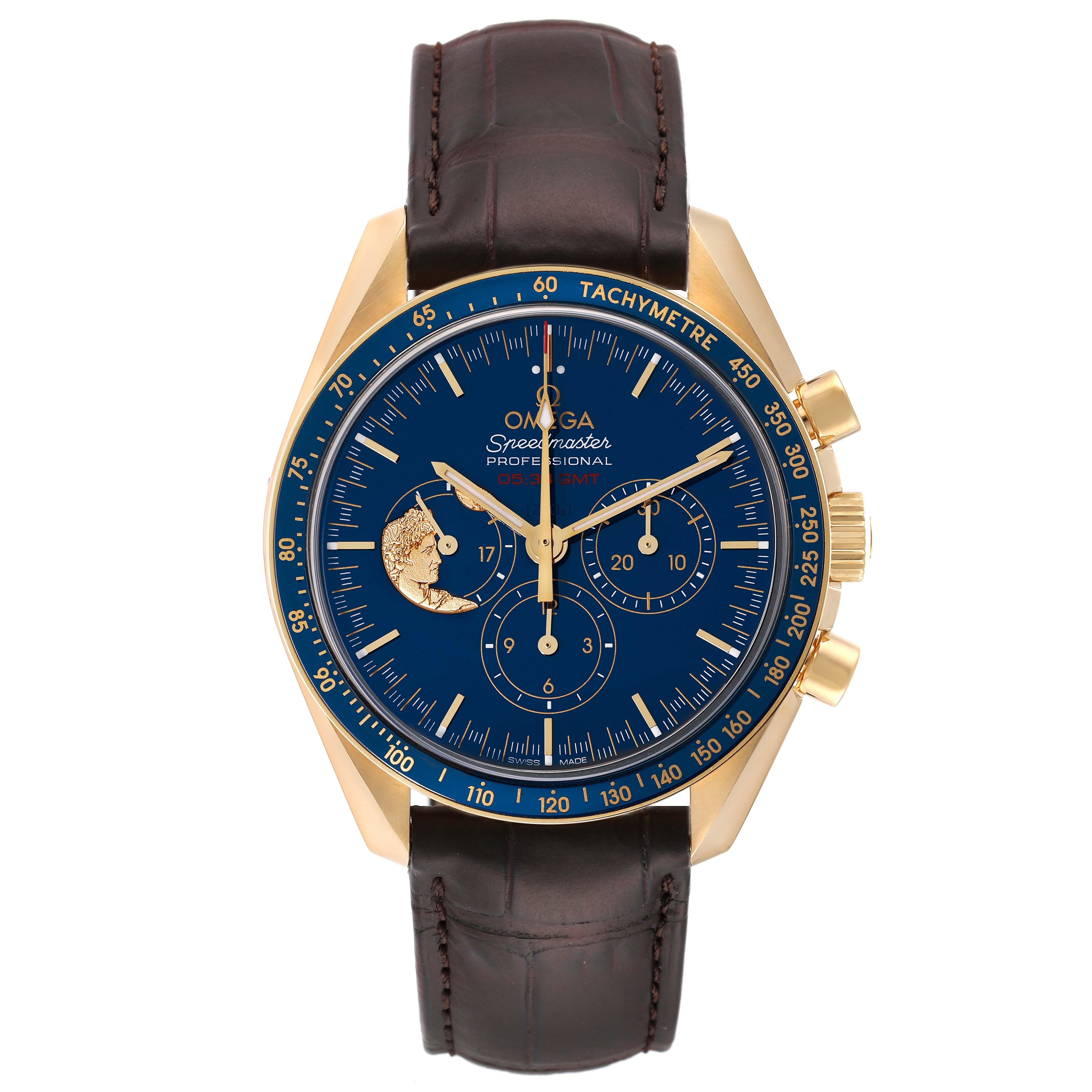 Omega Speedmaster Moonwatch Apollo 17 LE Mens Watch 311.63.42.30.03.001 Box Card. Manual-winding chronograph movement. 18k yellow gold round case 42.0 mm in diameter. Caseback features a large version of the Apollo 17 mission patch and is engraved