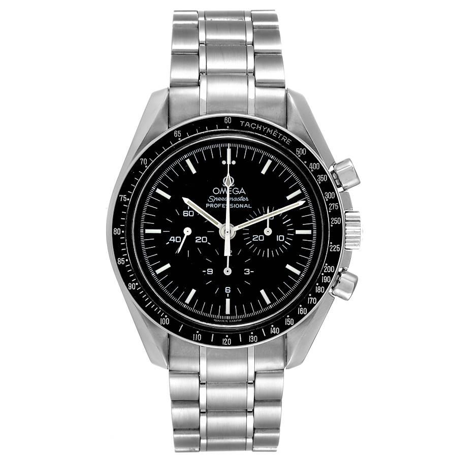 Omega Speedmaster MoonWatch Chronograph Black Dial Mens Watch 3570.50.00. Manual winding chronograph movement. Stainless steel round case 42.0 mm in diameter. Stainless steel bezel with tachymetre function. Hesalite acrylic crystal. Black dial with
