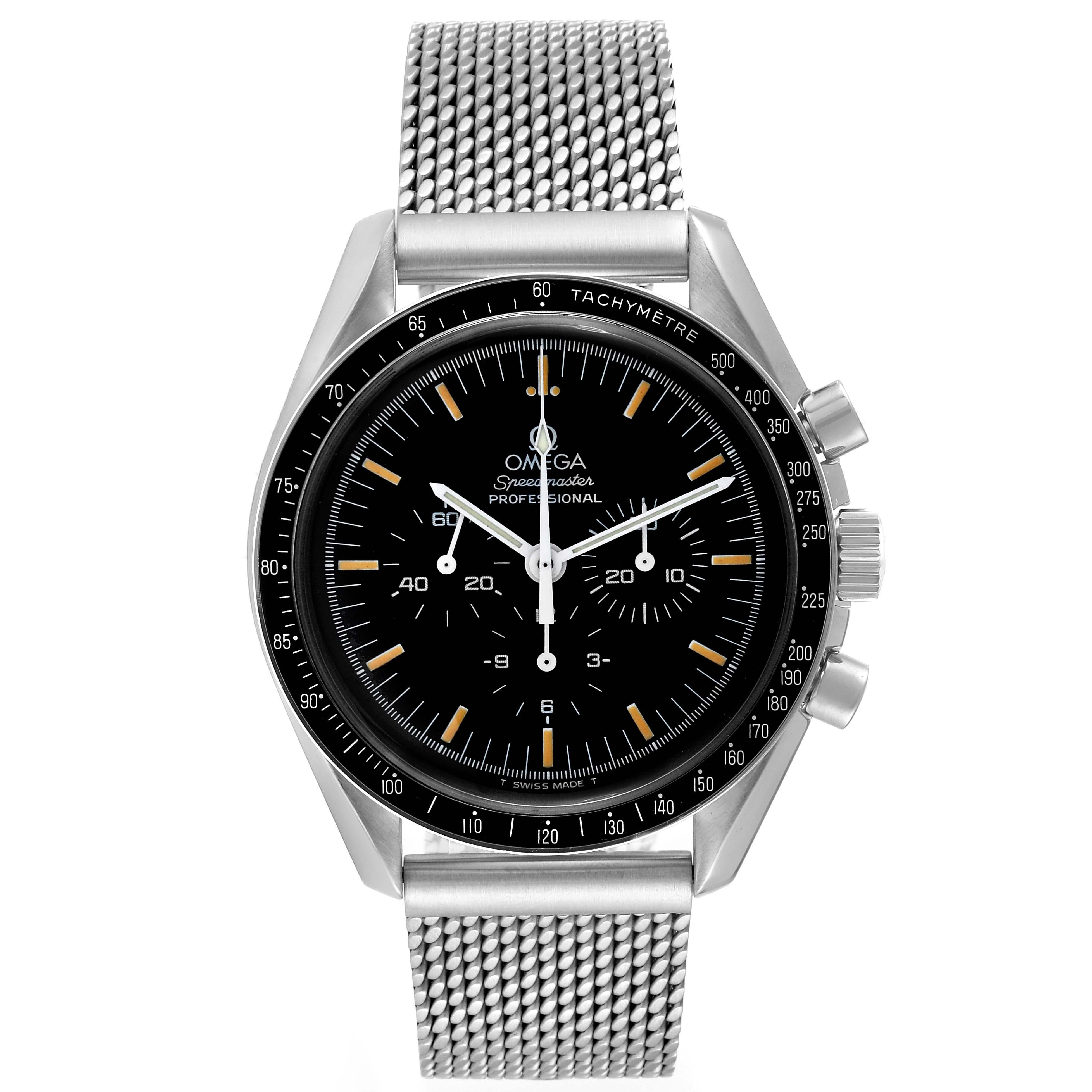 Omega Speedmaster MoonWatch Chronograph Black Dial Steel Mens Watch 3570.50.00. Manual winding chronograph movement. Stainless steel round case 42.0 mm in diameter. Stainless steel bezel with tachymetre function. Hesalite acrylic crystal. Black dial